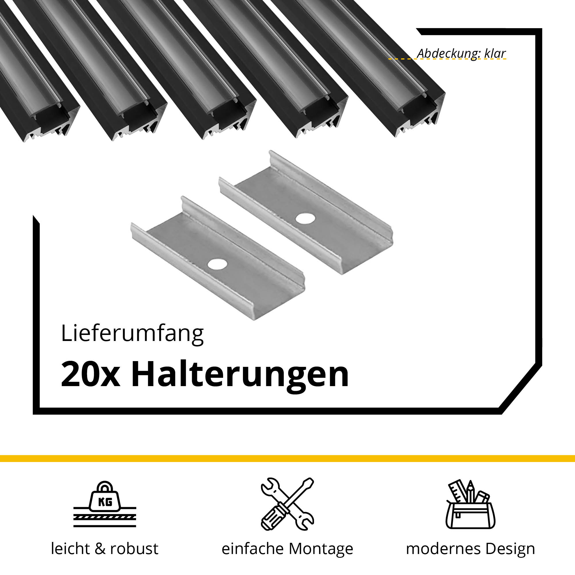 5x A20 LED Profil 2m - Schwarz inkl. Abdeckung klar, Halter & Endkappen 5x A20 LED Profil 2m - Schwarz inkl. Abdeckung klar, Halter & Endkappen