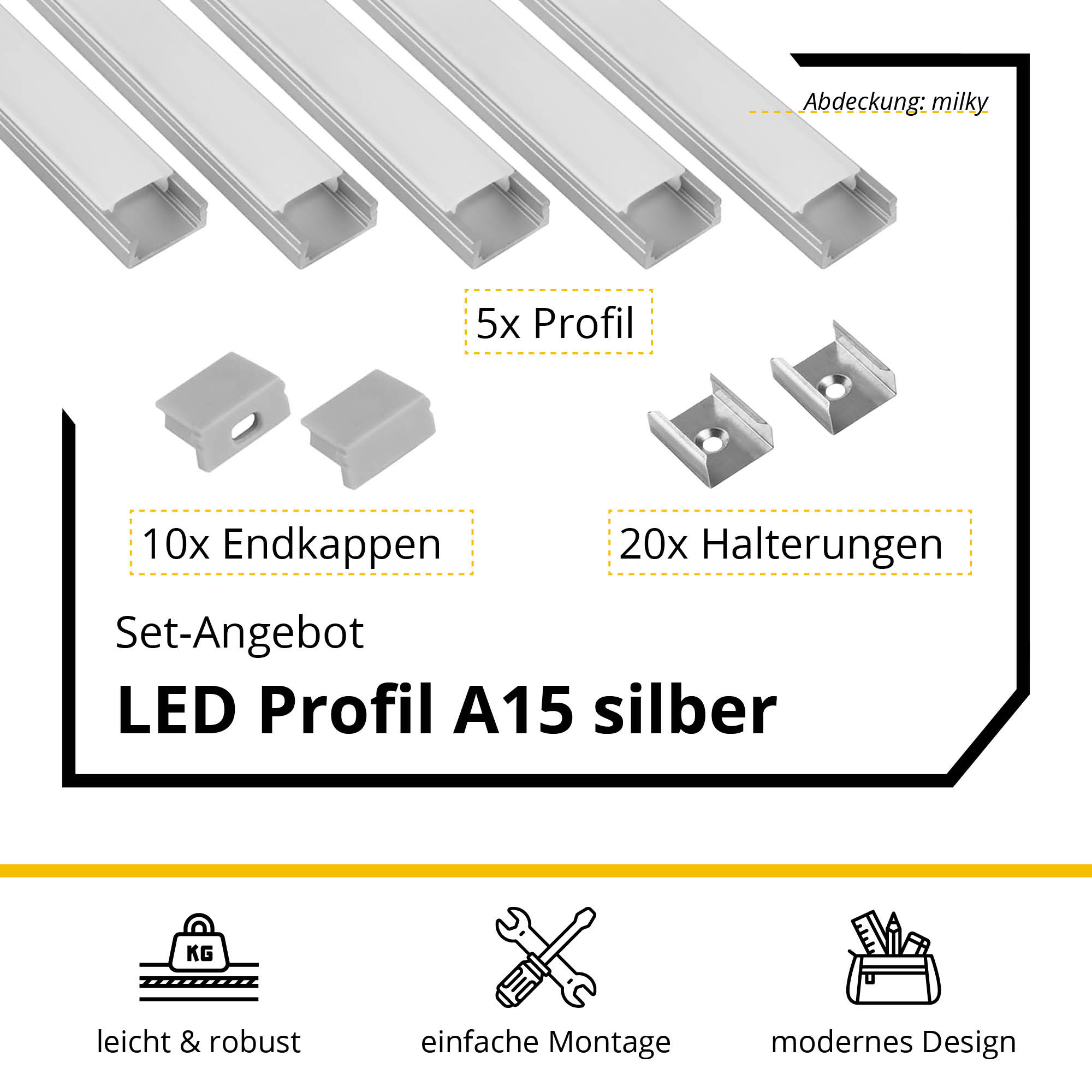 5x A15 LED Profile 2m - Silver incl. Cover, Mounts & End Caps 5x A15 LED Profile 2m - Silver incl. milky cover, clips & end caps