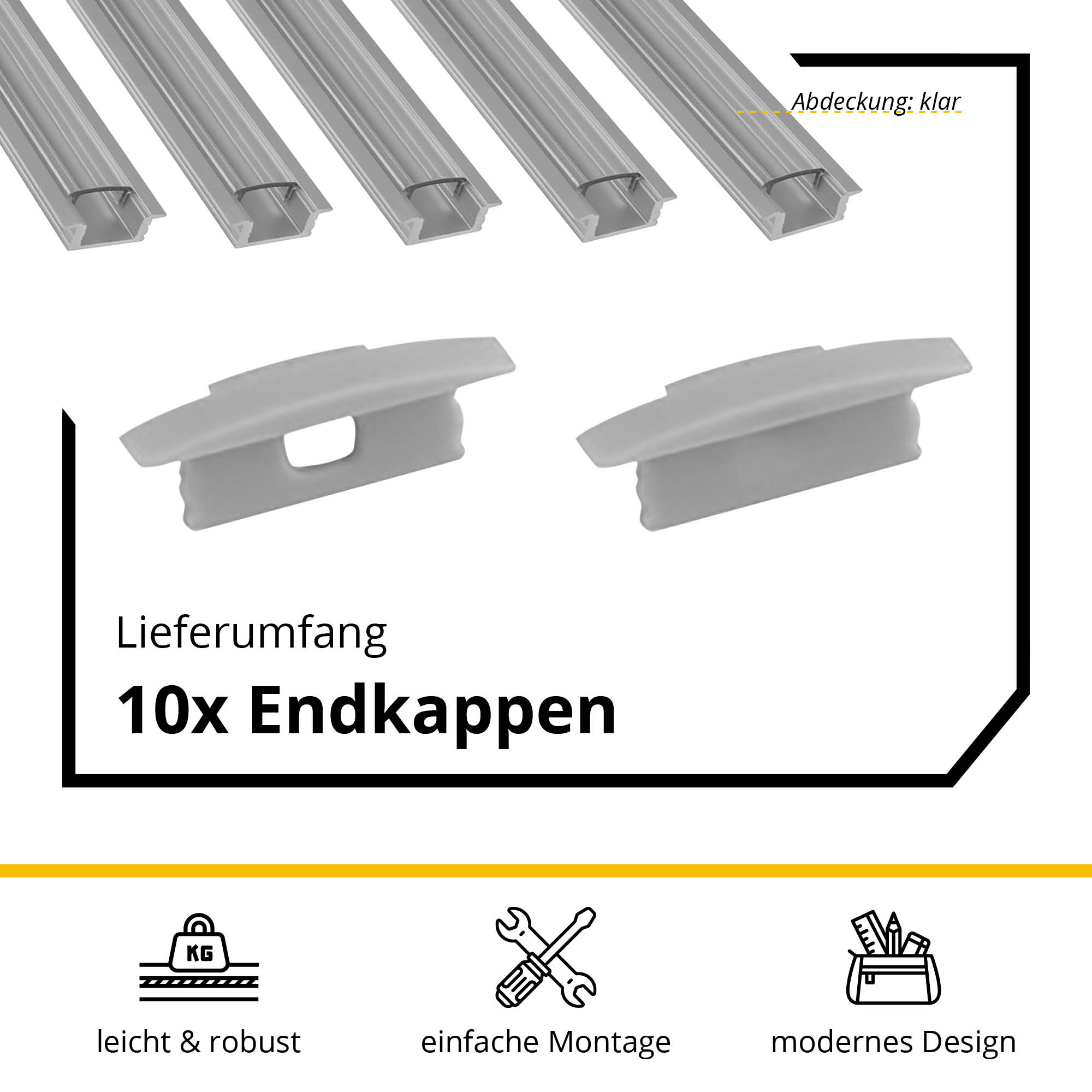 5x A25 LED Profil 2m - Silber inkl. Abdeckung klar & Endkappen