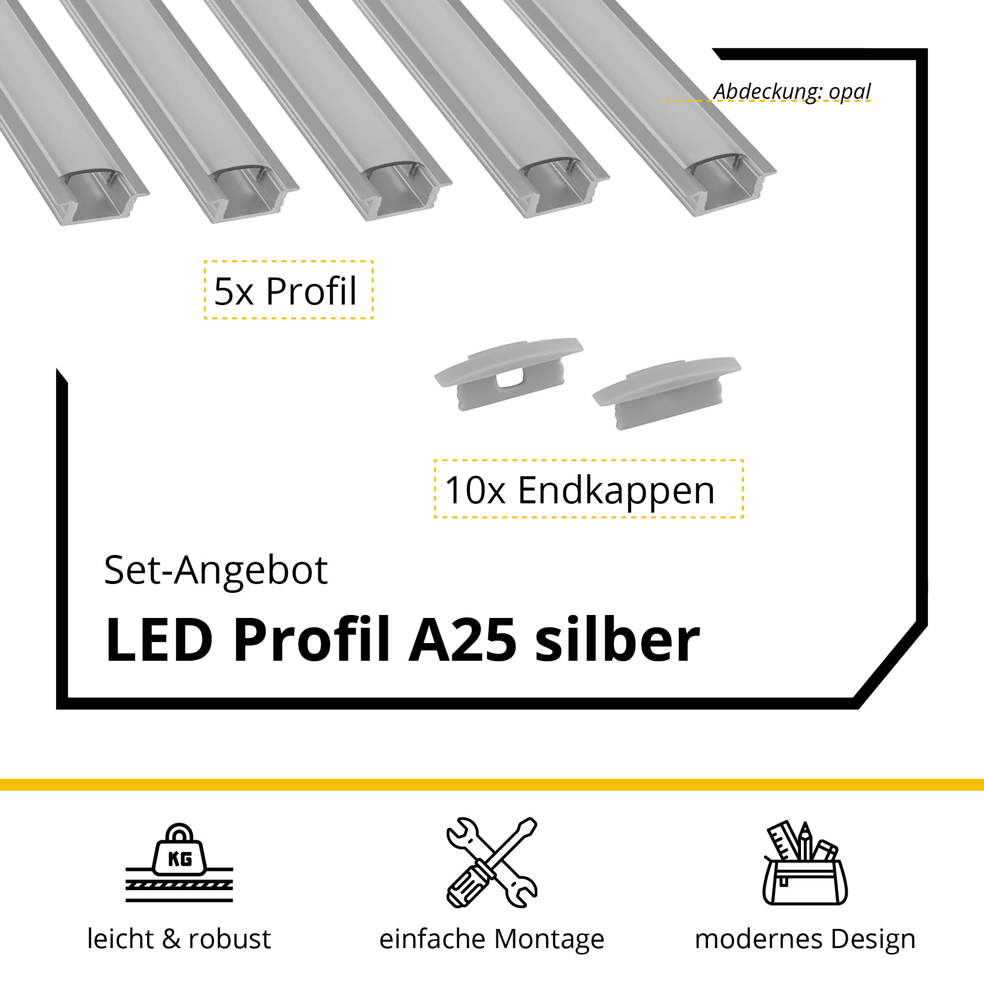 5x A25 LED Profil 2m - Silber inkl. Abdeckung & Endkappen 5x A25 LED Profil 2m - Silber inkl. Abdeckung opal & Endkappen
