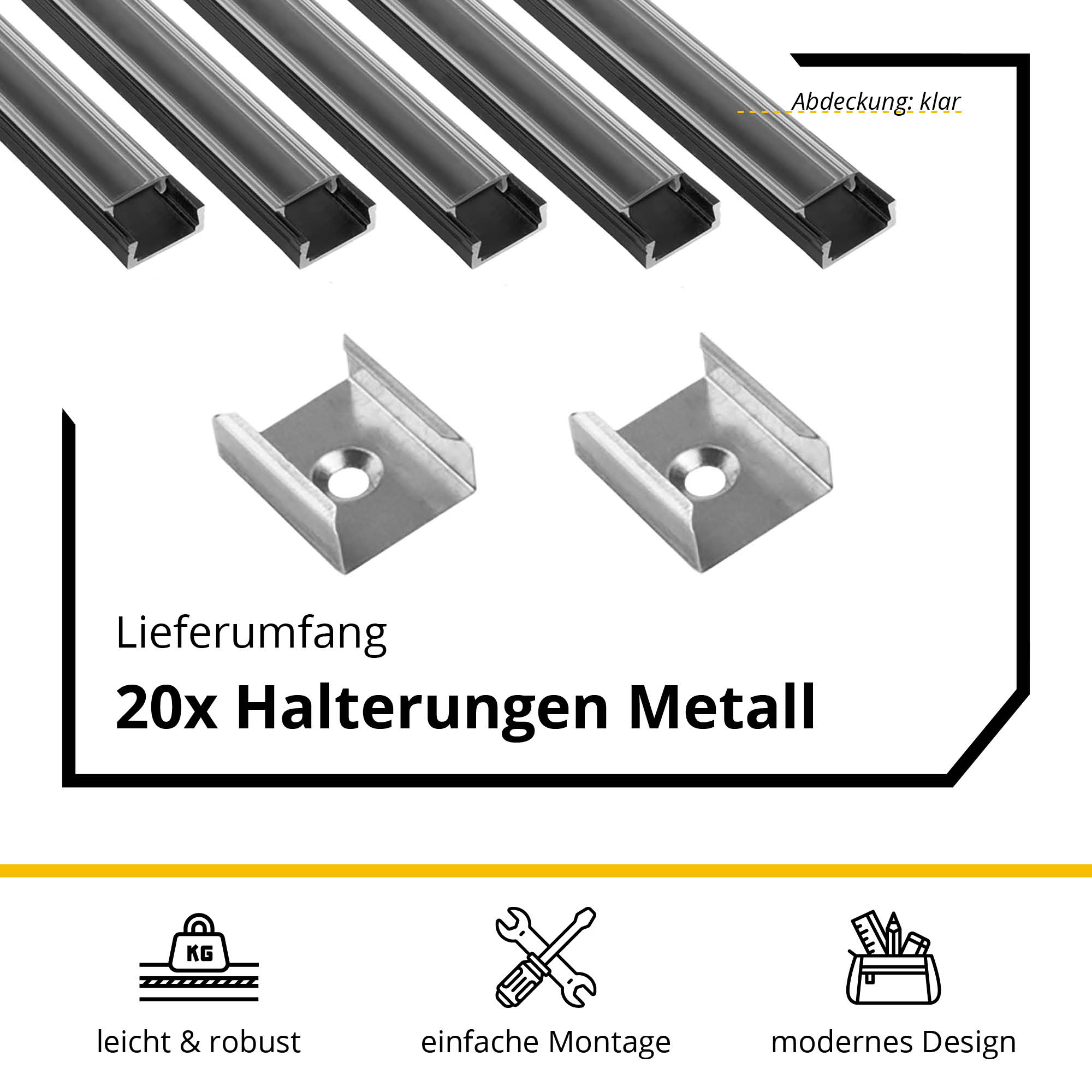 5x A15 LED Profil 2m - Schwarz inkl. Abdeckung klar, Halter & Endkappen 5x A15 LED Profil 2m - Schwarz inkl. Abdeckung klar, Halter & Endkappen