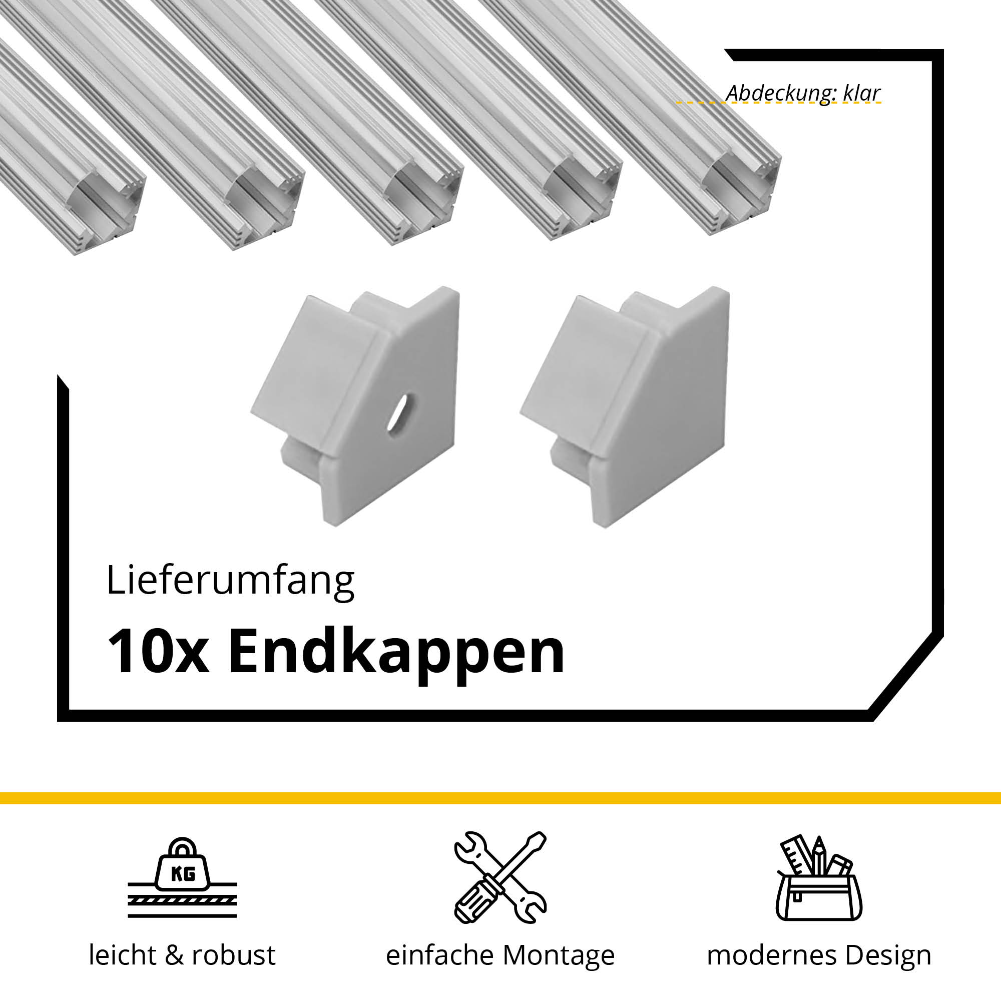 5x A19 LED Profil 2m - Silber inkl. Abdeckung klar, Halter & Endkappen