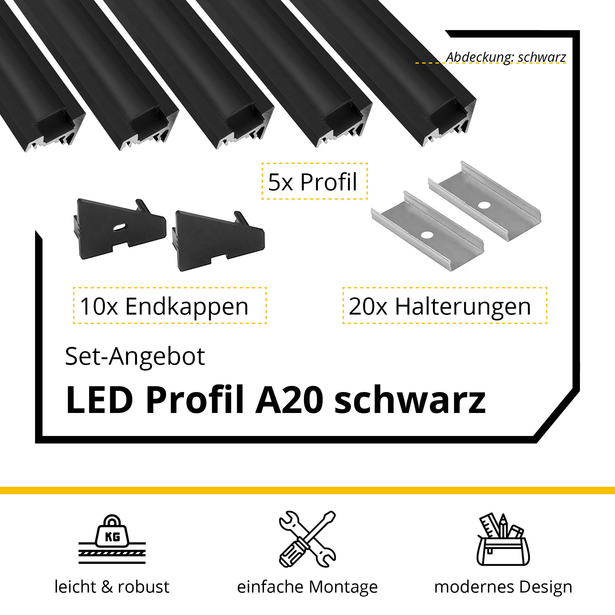 5x A20 LED Profil 2m - Schwarz inkl. Abdeckung schwarz, Halter & Endkappen