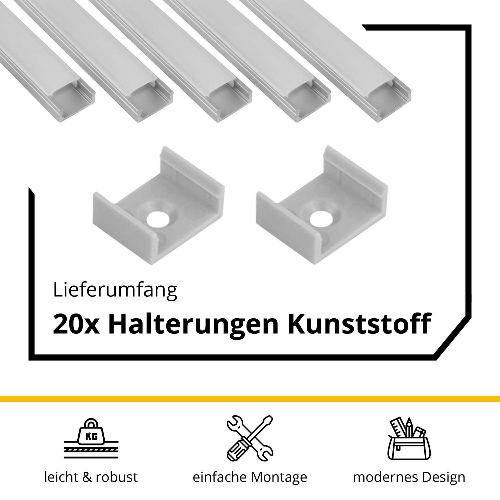 5x A15 LED Profil 2m - Silber inkl. Abdeckung opal, Halter & Endkappen