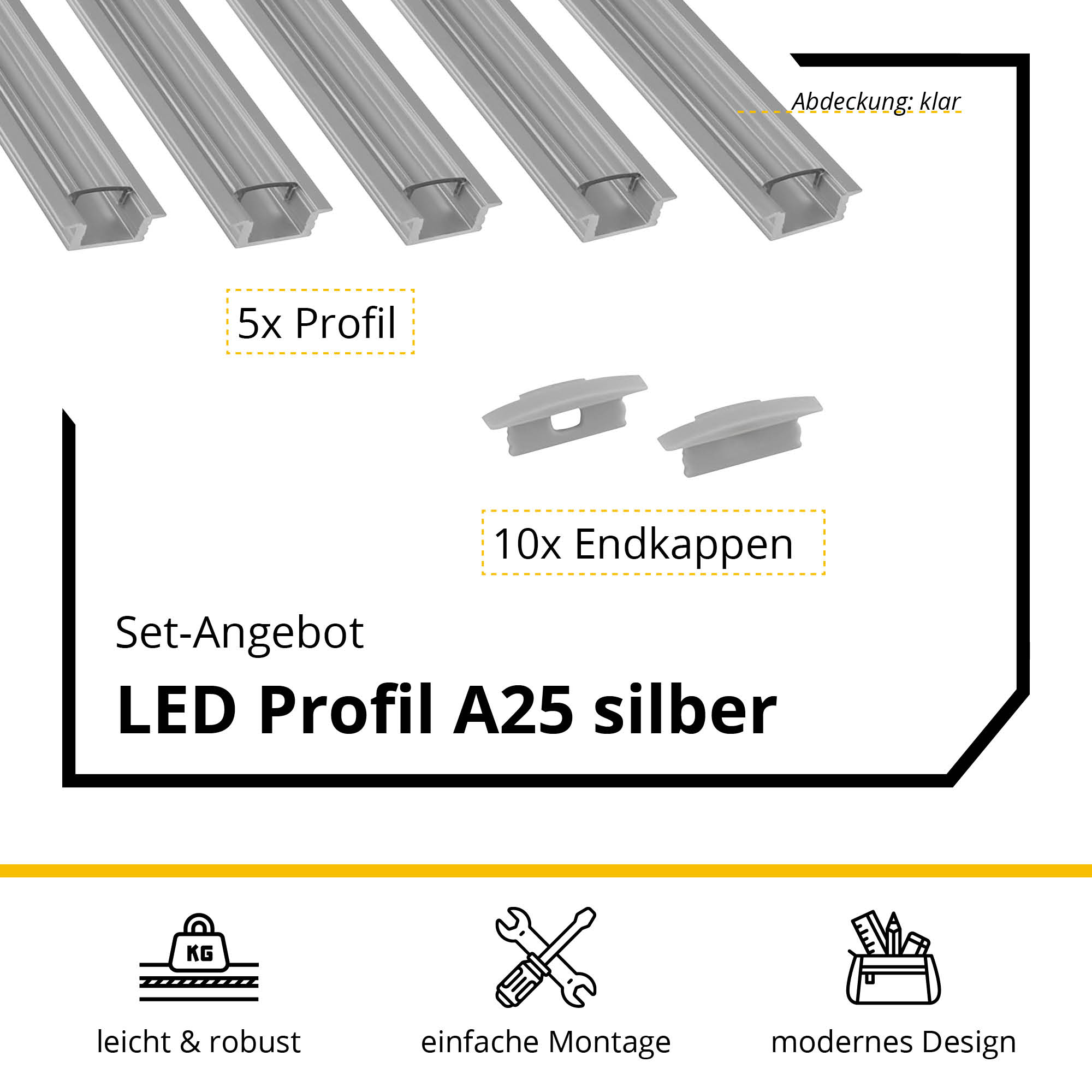5x A25 LED Profil 2m - Silber inkl. Abdeckung & Endkappen 5x A25 LED Profil 2m - Silber inkl. Abdeckung klar & Endkappen