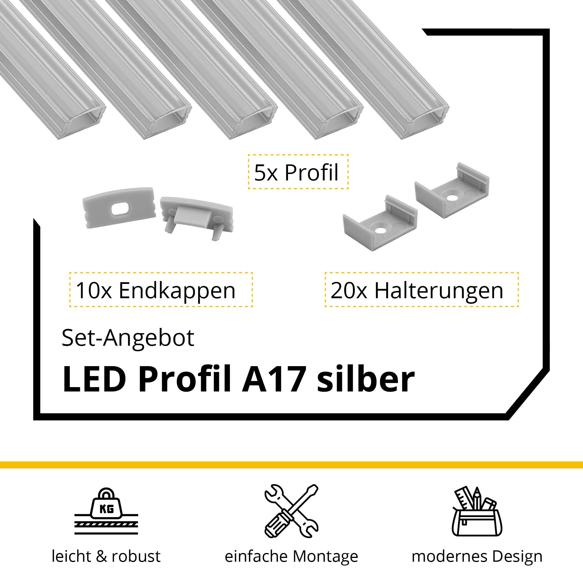 5x A17 LED Profil 2m - Silber inkl. Abdeckung, Halter & Endkappen 5x A17 LED Profil 2m - Silber inkl. Abdeckung klar, Halter & Endkappen
