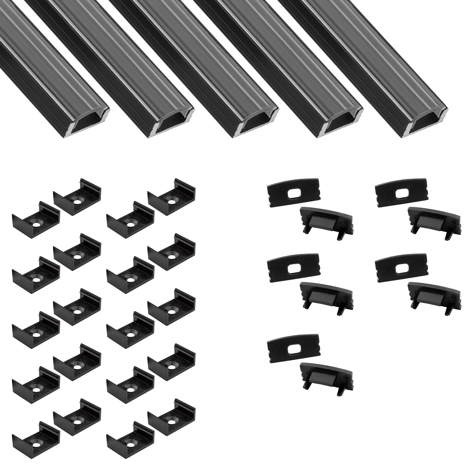 5x A17 LED Profil 2m - Schwarz inkl. Abdeckung klar, Halter & Endkappen