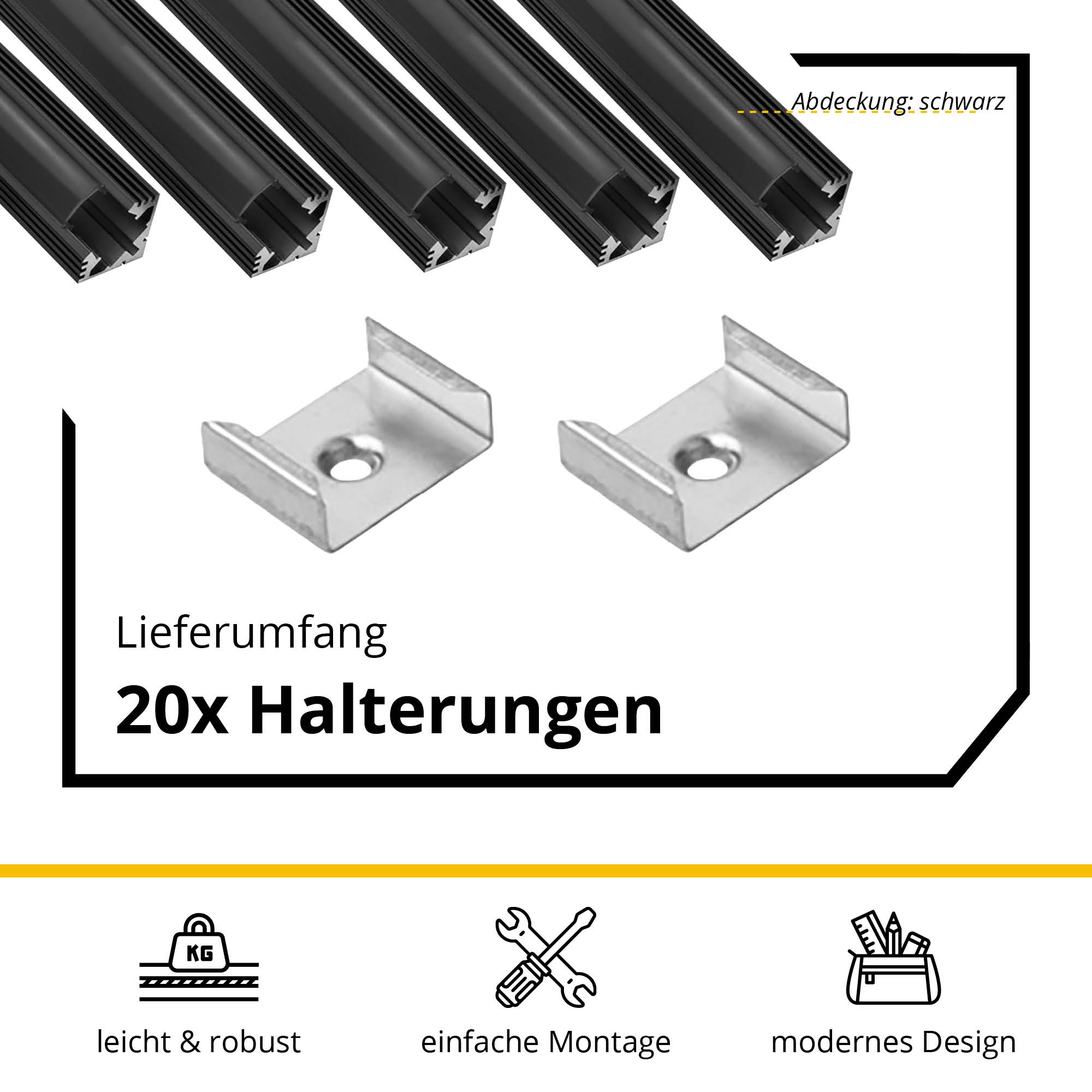 5x A19 LED Profil 2m - Schwarz inkl. Abdeckung schwarz, Halter & Endkappen 5x A19 LED Profil 2m - Schwarz inkl. Abdeckung schwarz, Halter & Endkappen