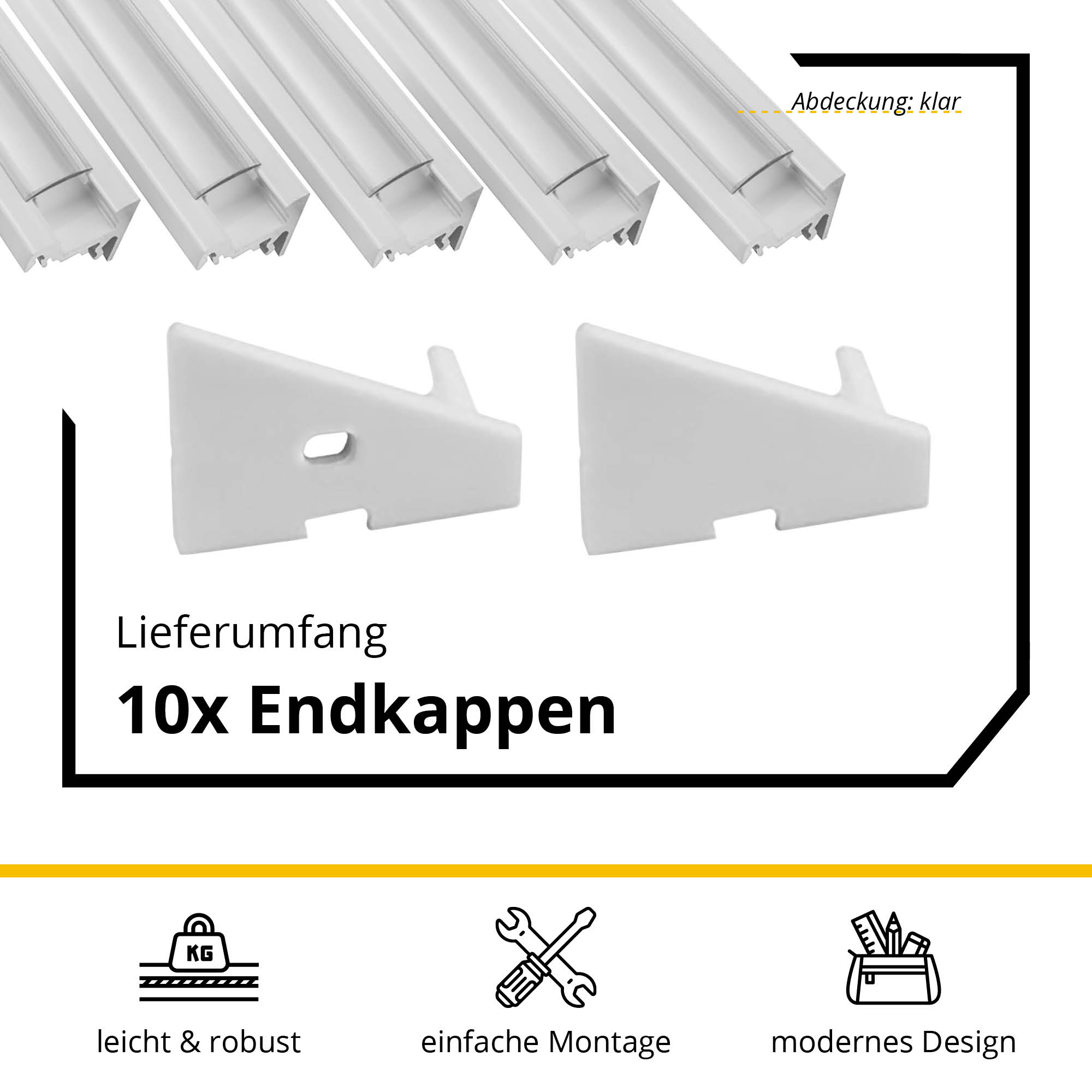 5x A20 LED Profil 2m - Weiss inkl. Abdeckung klar, Halter & Endkappen