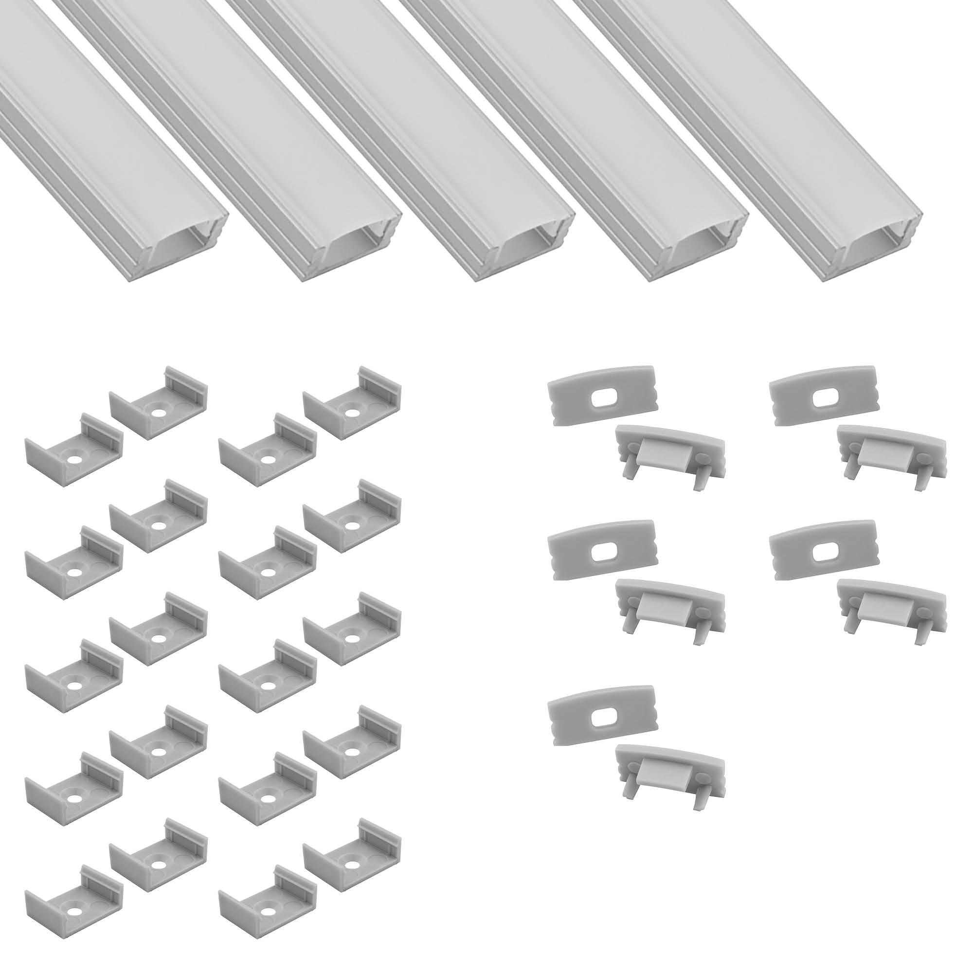 5x A17 LED Profil 2m - Silber inkl. Abdeckung milky, Halter & Endkappen