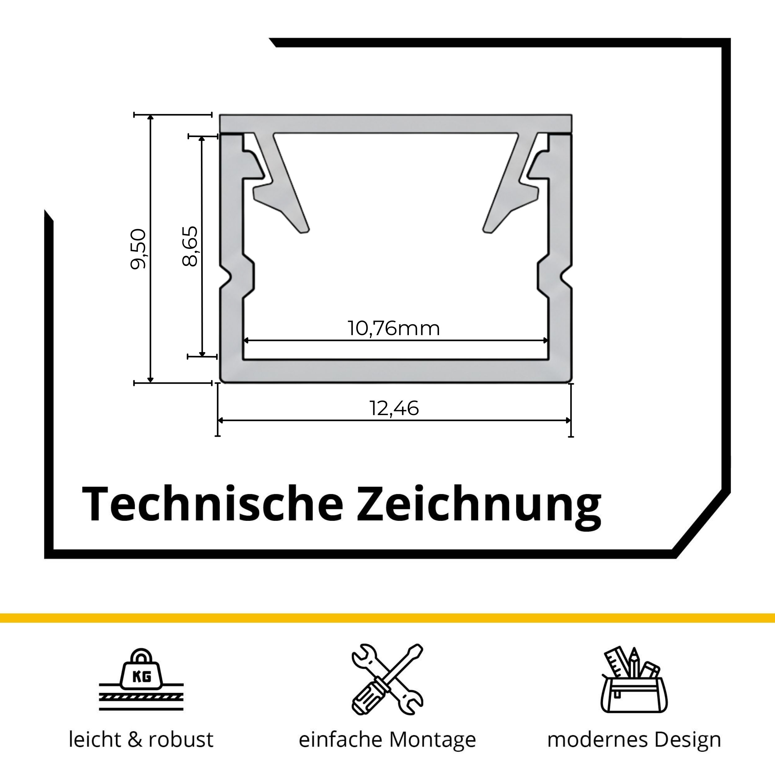 LED-Aluprofil für Akustikpaneele mit Abdeckung bündiger Einbau, 2,7m - schwarz