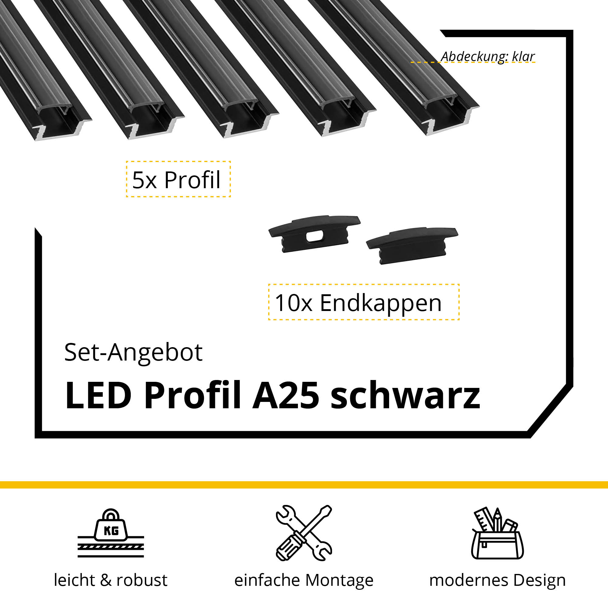5x A25 LED Profil 2m - Schwarz inkl. Abdeckung & Endkappen 5x A25 LED Profil 2m - Schwarz inkl. Abdeckung klar & Endkappen