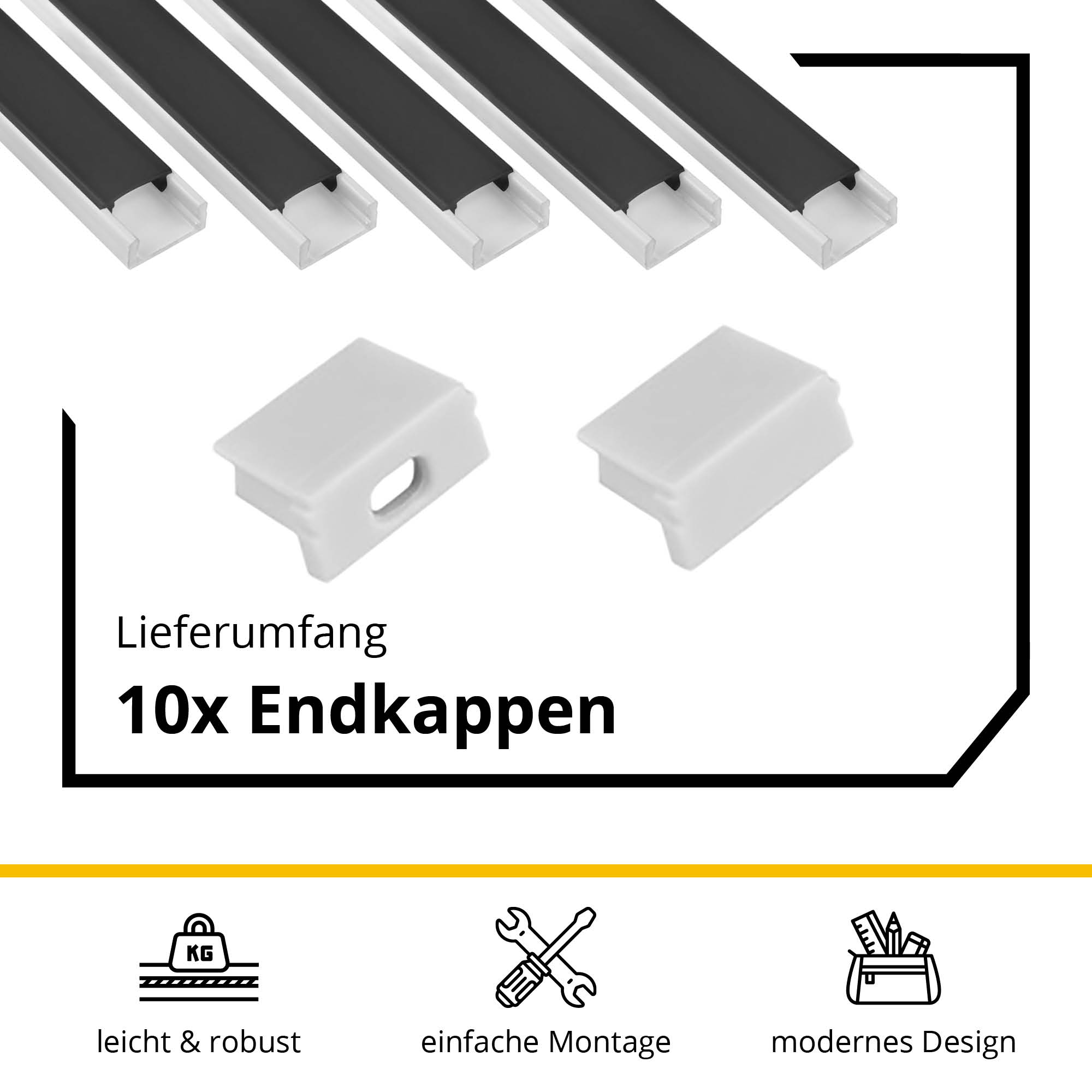 5x A15 LED Profil 2m - Weiss inkl. Abdeckung schwarz, Halter & Endkappen 5x A15 LED Profil 2m - Weiss inkl. Abdeckung schwarz, Halter & Endkappen