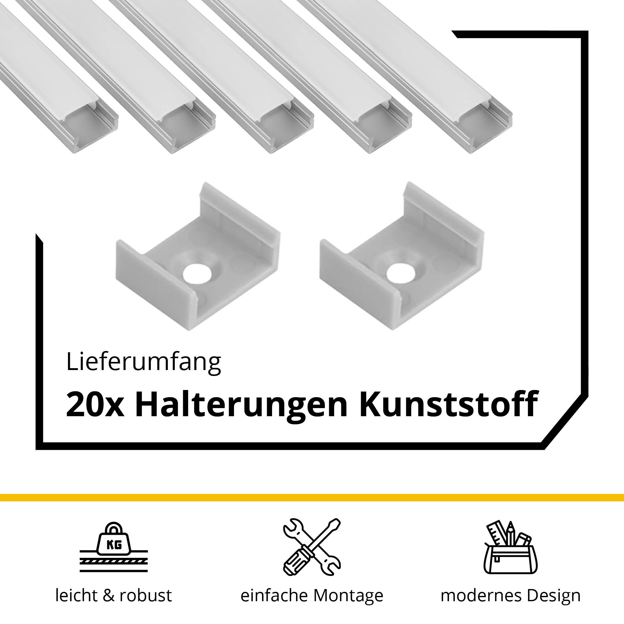 5x A15 LED Profil 2m - Silber inkl. Abdeckung milky, Halter & Endkappen