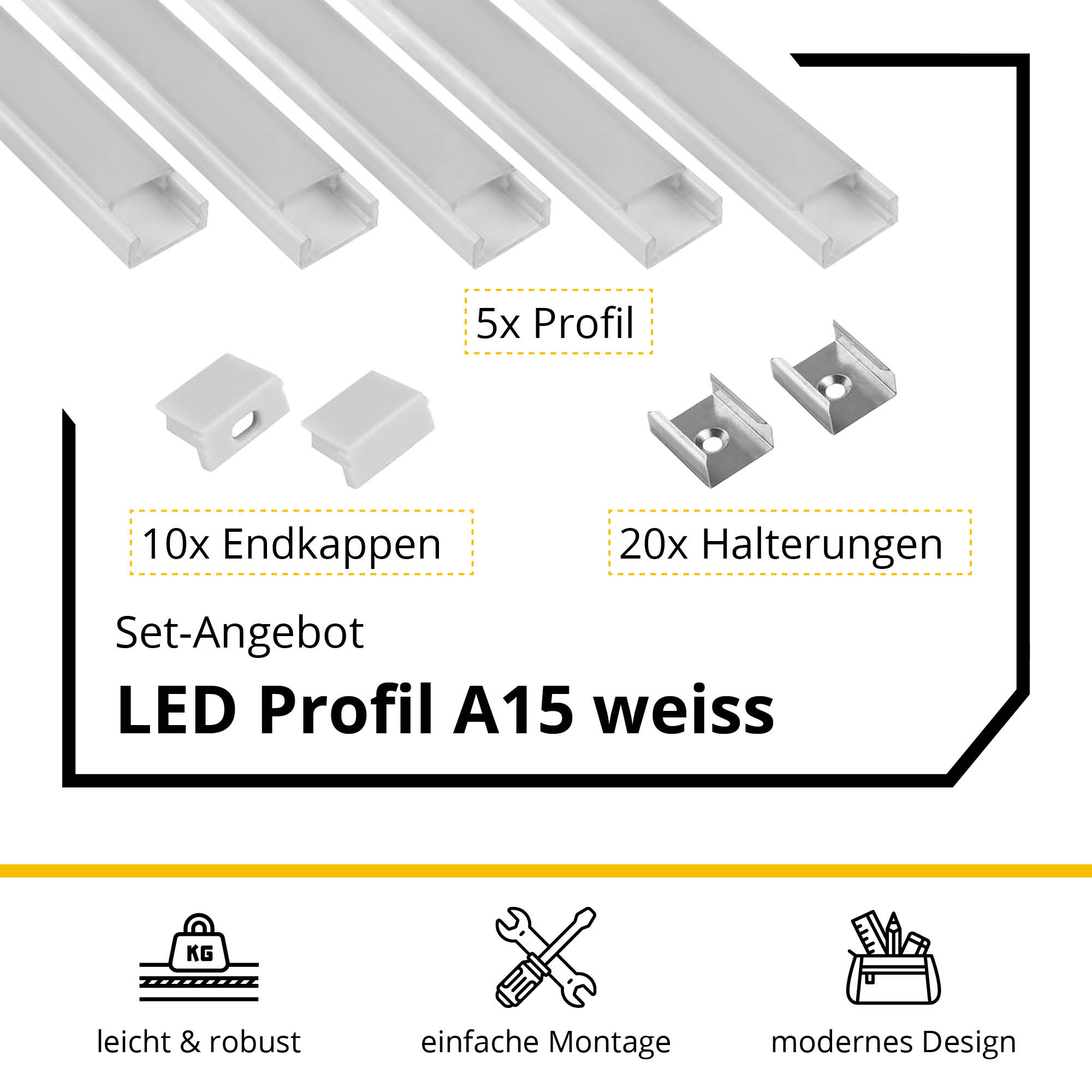 5x A15 LED Profil 2m - Weiss inkl. Abdeckung opal, Halter & Endkappen