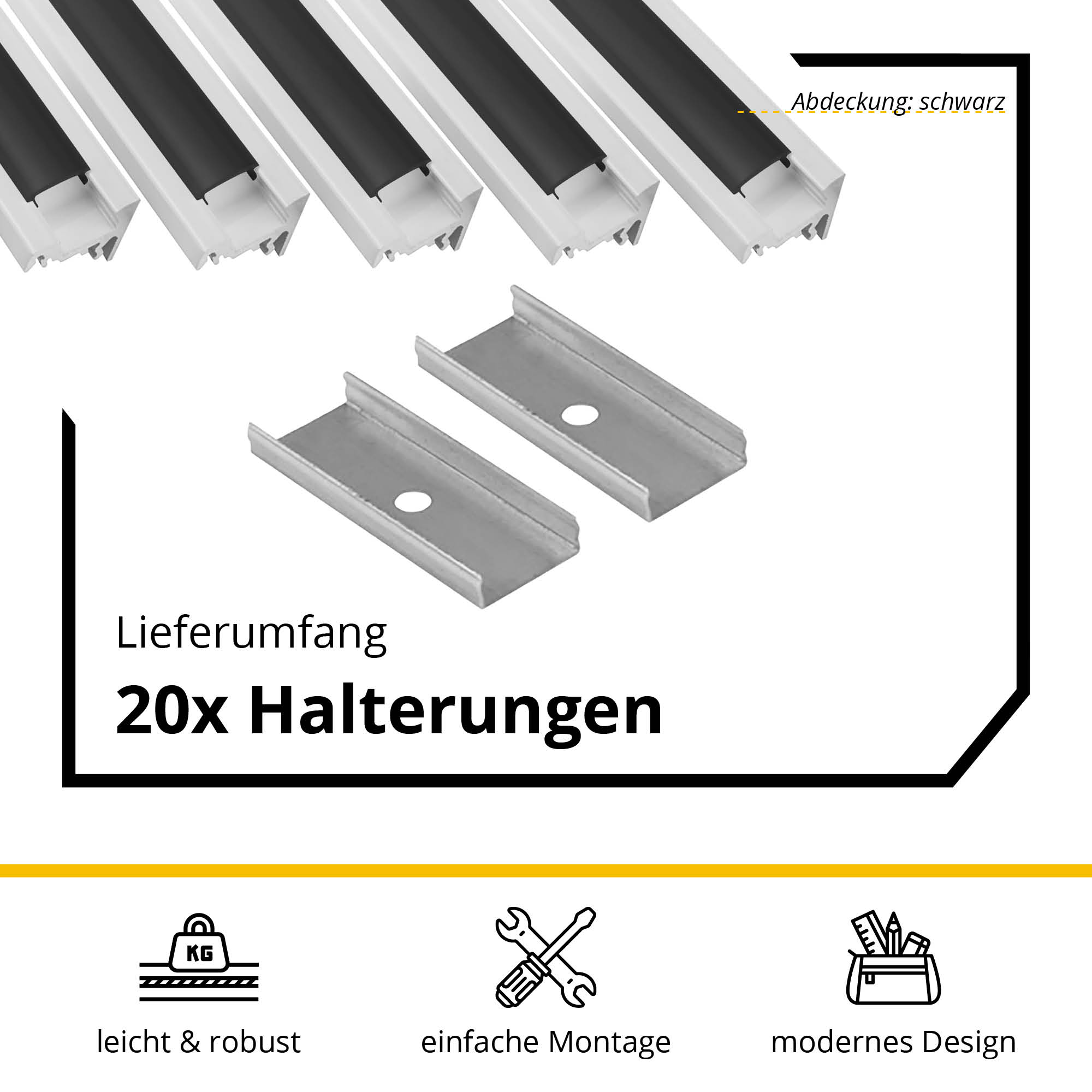 5x A20 LED Profil 2m - Weiss inkl. Abdeckung schwarz, Halter & Endkappen