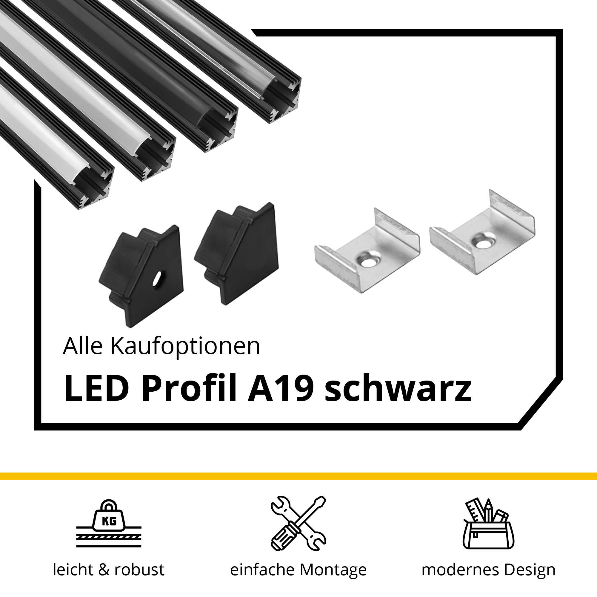 A19 LED Aluprofil Schwarz Eckprofil 90° 2x Halter metall