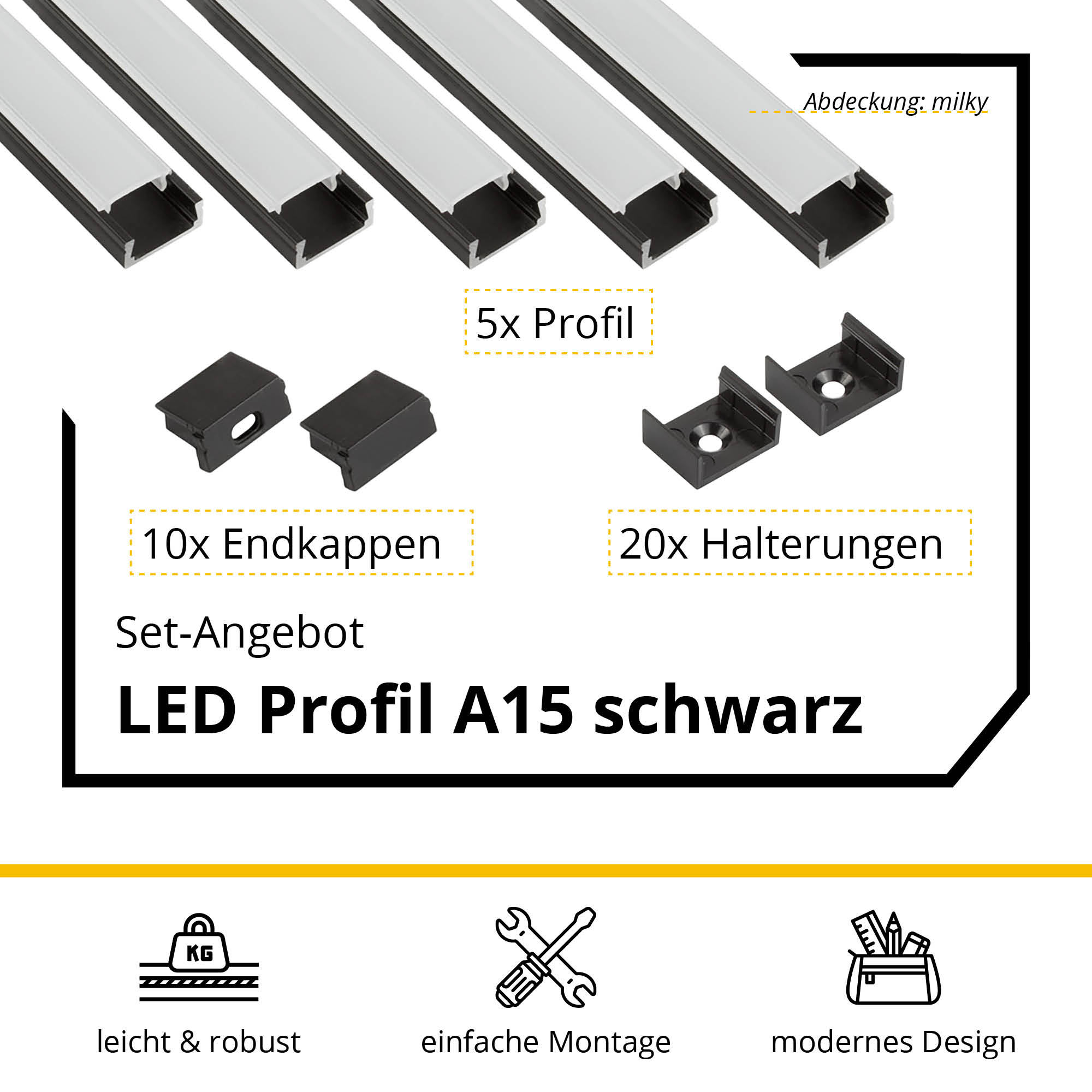5x A15 LED Profil 2m - Schwarz inkl. Abdeckung, Halter & Endkappen 5x A15 LED Profil 2m - Schwarz inkl. Abdeckung milky, Halter & Endkappen