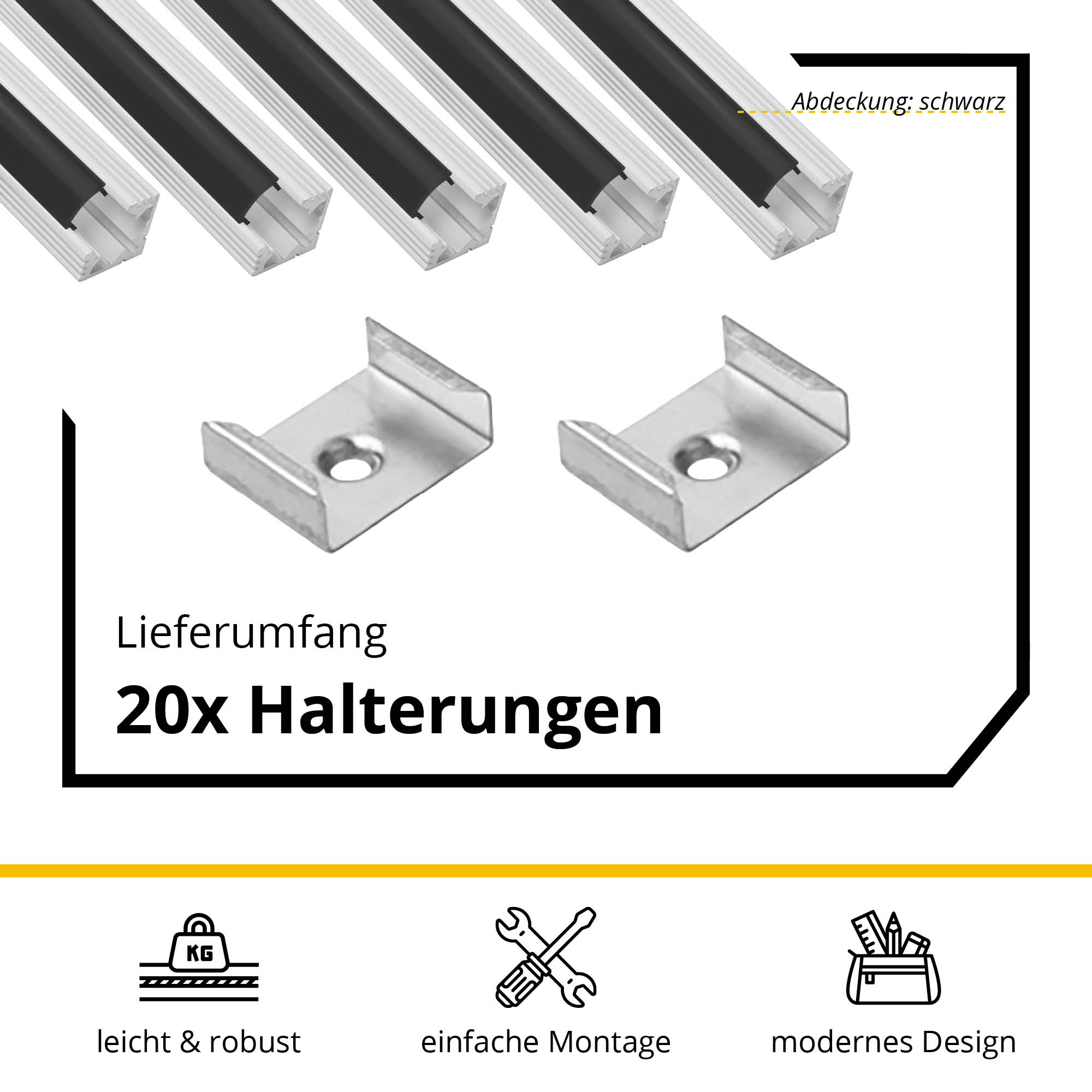 5x A19 LED Profil 2m - Weiss inkl. Abdeckung schwarz, Halter & Endkappen