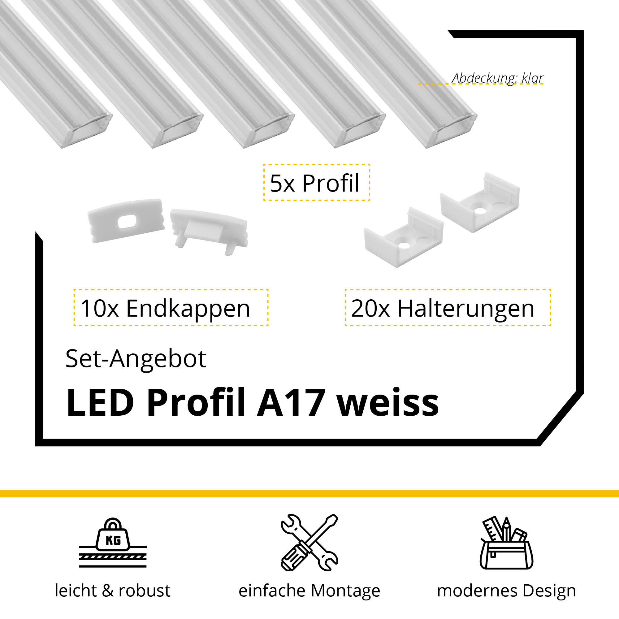 5x A17 LED Profil 2m - Weiss inkl. Abdeckung, Halter & Endkappen 5x A17 LED Profil 2m - Weiss inkl. Abdeckung klar, Halter & Endkappen