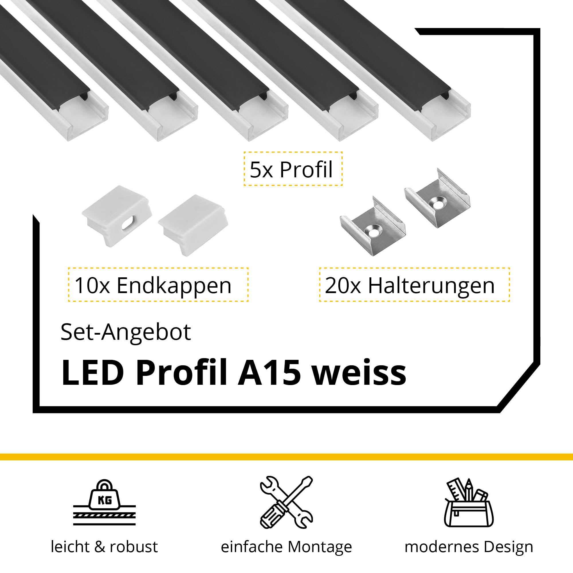 5x A15 LED Profil 2m - Weiss inkl. Abdeckung, Halter & Endkappen 5x A15 LED Profil 2m - Weiss inkl. Abdeckung schwarz, Halter & Endkappen