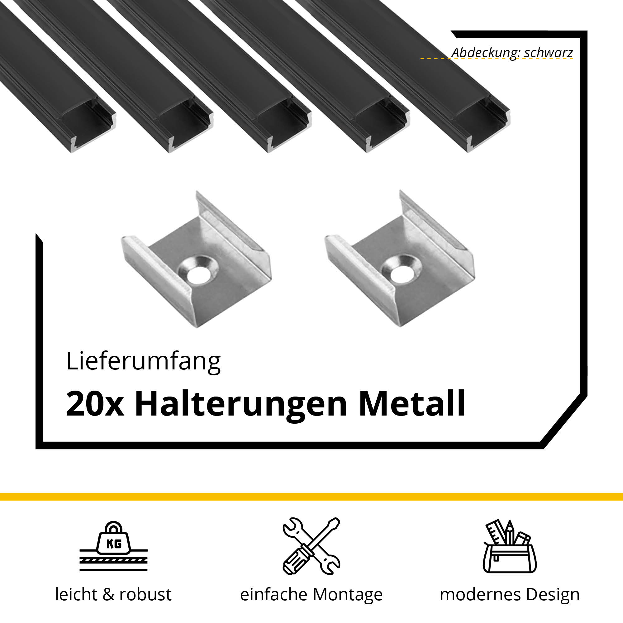5x A15 LED Profil 2m - Schwarz inkl. Abdeckung schwarz, Halter & Endkappen 5x A15 LED Profil 2m - Schwarz inkl. Abdeckung schwarz, Halter & Endkappen