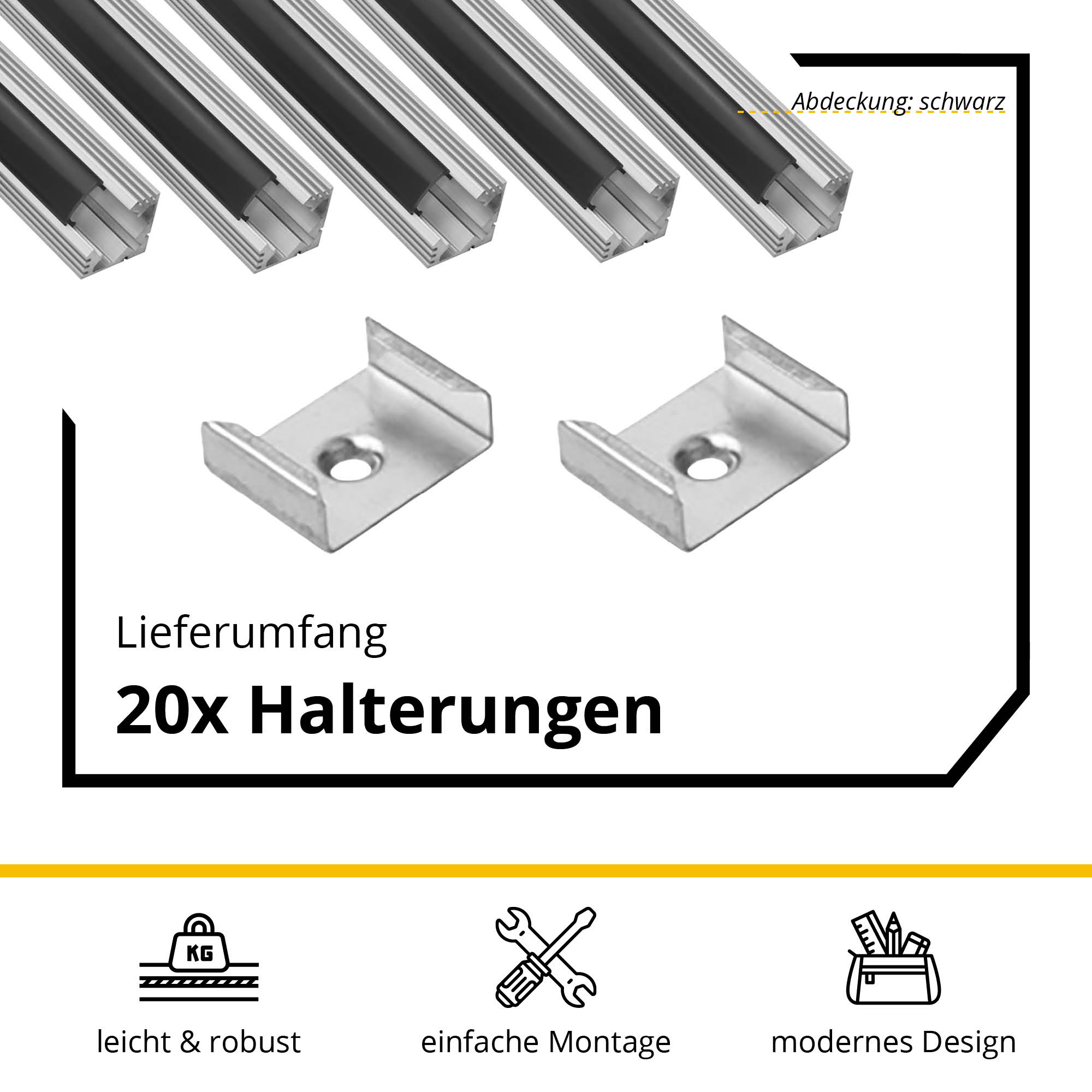 5x A19 LED Profil 2m - Silber inkl. Abdeckung schwarz, Halter & Endkappen 5x A19 LED Profil 2m - Silber inkl. Abdeckung schwarz, Halter & Endkappen
