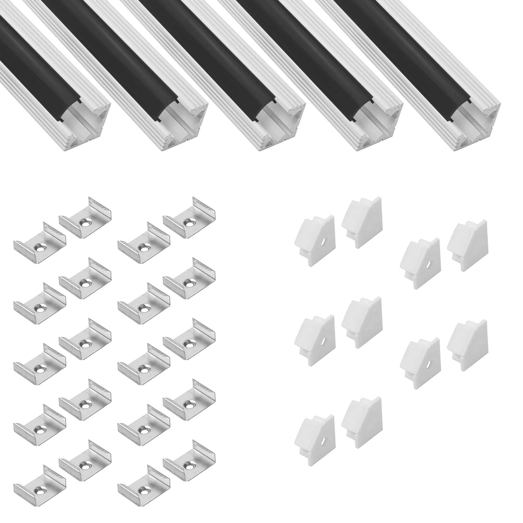 5x A19 LED Profil 2m - Weiss inkl. Abdeckung schwarz, Halter & Endkappen