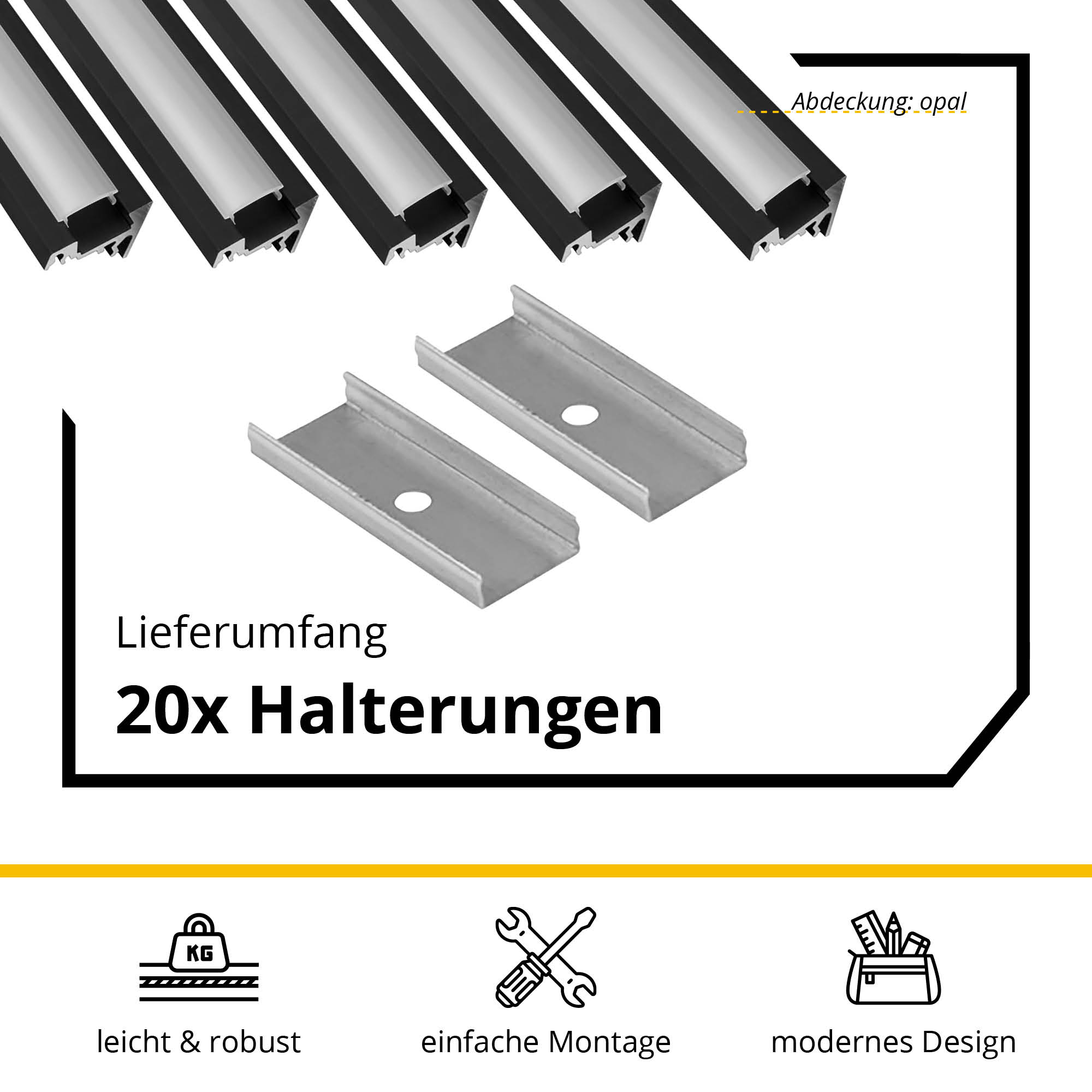 5x A20 LED Profil 2m - Schwarz inkl. Abdeckung opal, Halter & Endkappen