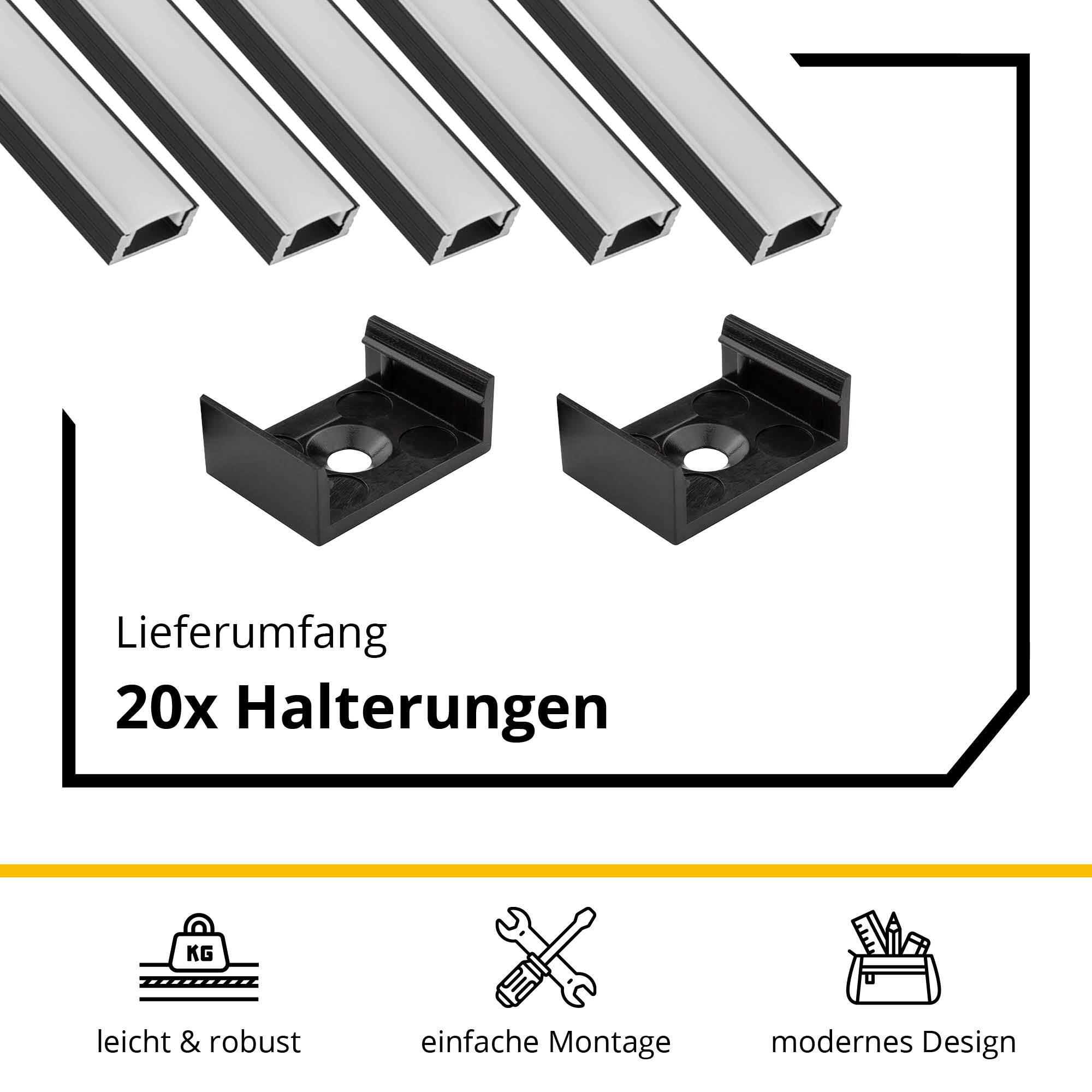 5x A17 LED Profil 2m - Schwarz inkl. Abdeckung milky, Halter & Endkappen 5x A17 LED Profil 2m - Schwarz inkl. Abdeckung milky, Halter & Endkappen