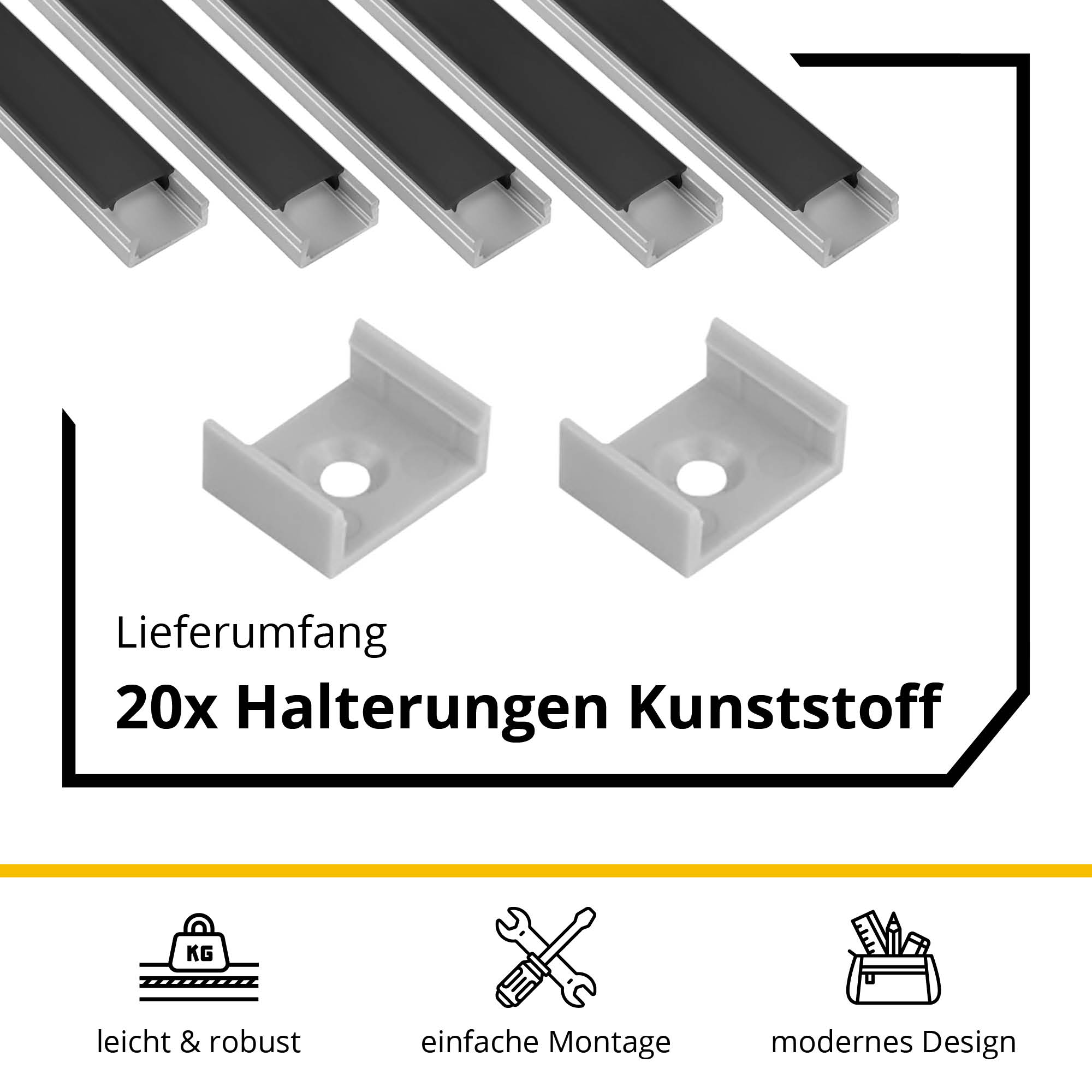 5x A15 LED Profil 2m - Silber inkl. Abdeckung schwarz, Halter & Endkappen