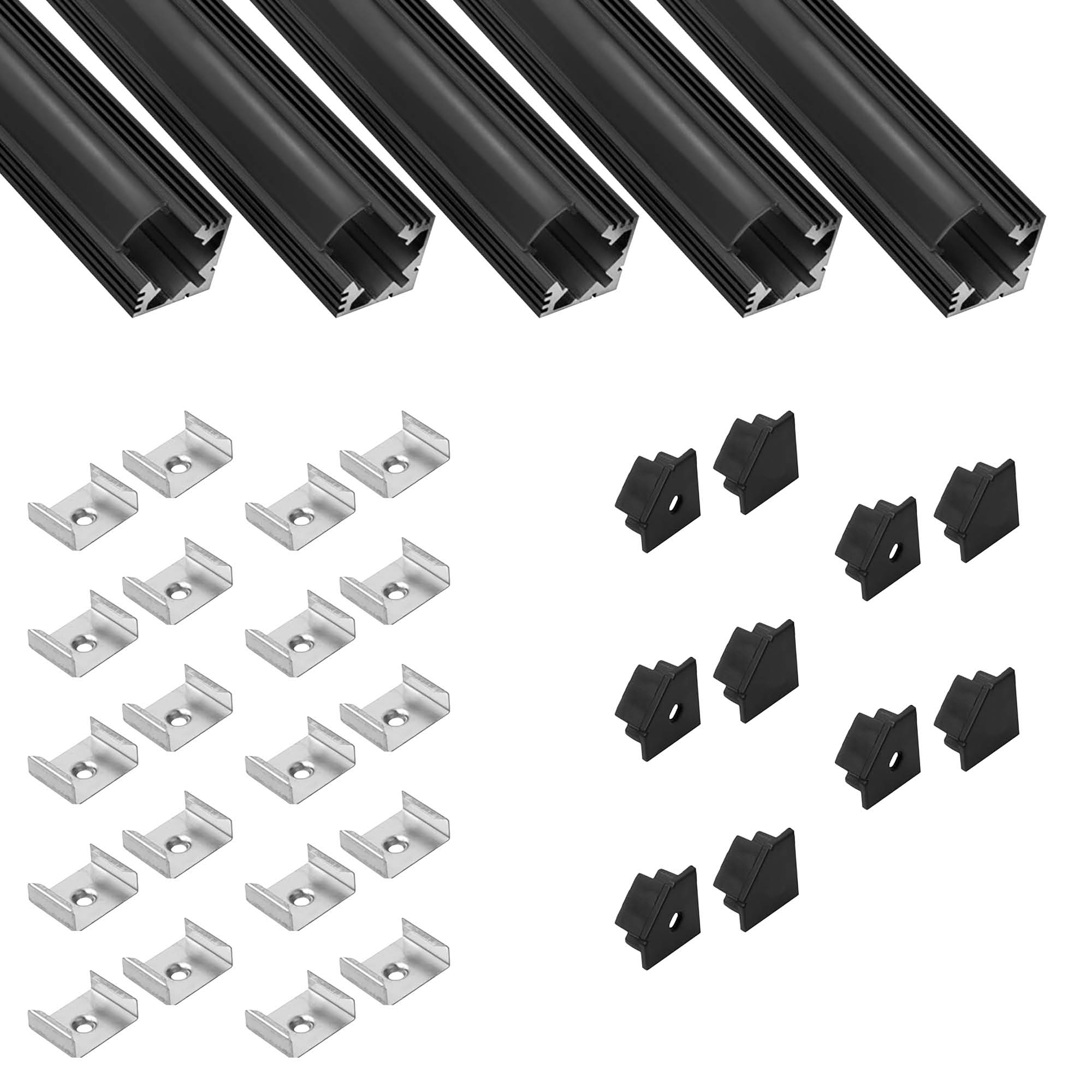 5x A19 LED Profil 2m - Schwarz inkl. Abdeckung schwarz, Halter & Endkappen