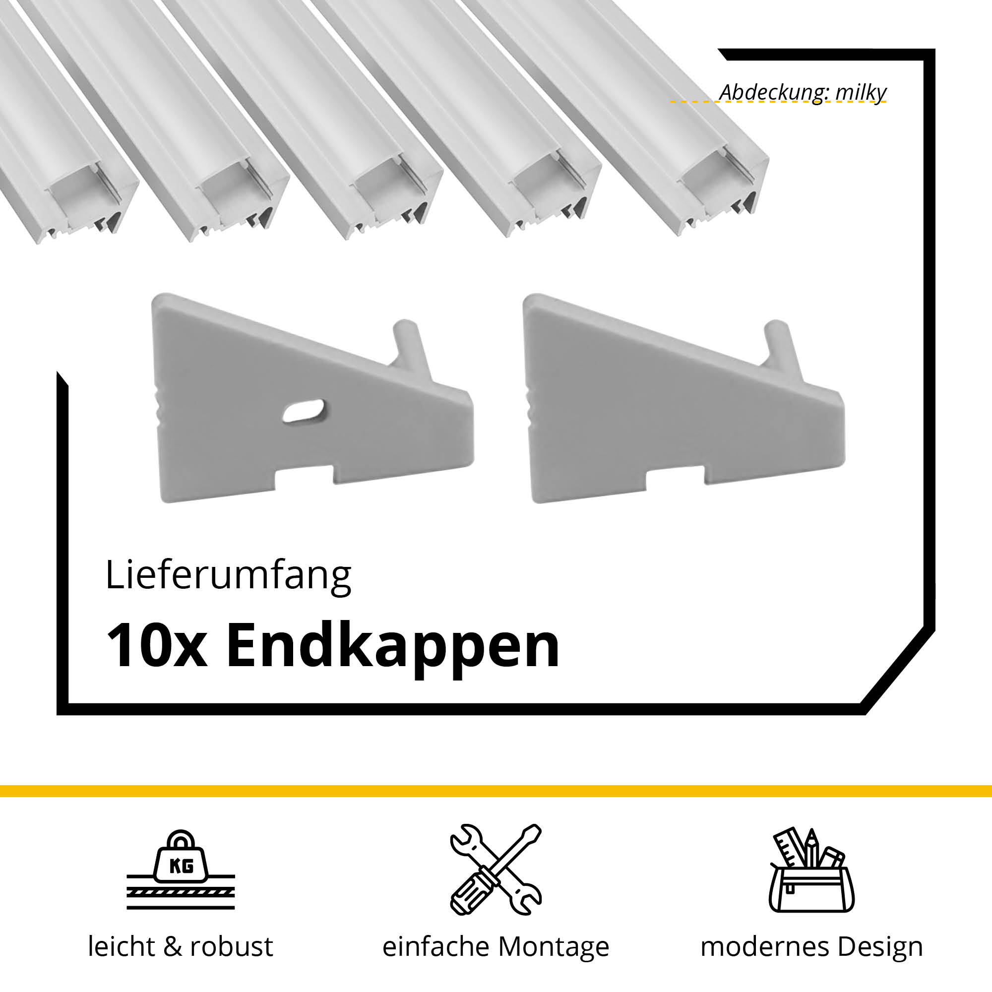 5x A20 LED Profil 2m - Silber inkl. Abdeckung milky, Halter & Endkappen 5x A20 LED Profil 2m - Silber inkl. Abdeckung milky, Halter & Endkappen