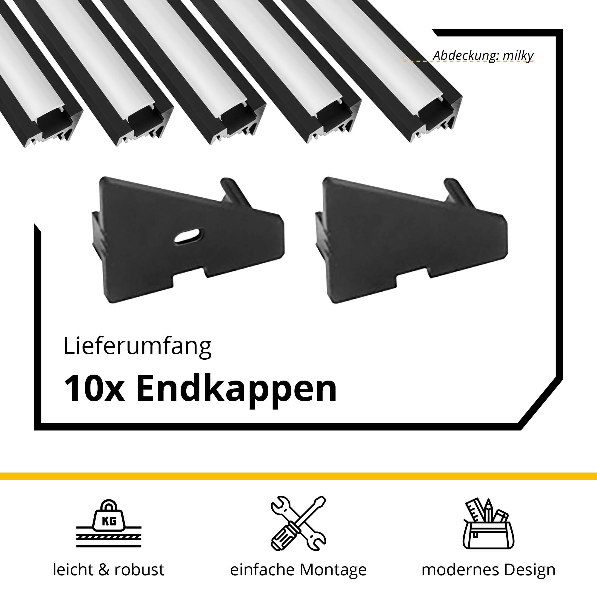 5x A20 LED Profil 2m - Schwarz inkl. Abdeckung milky, Halter & Endkappen 5x A20 LED Profil 2m - Schwarz inkl. Abdeckung milky, Halter & Endkappen