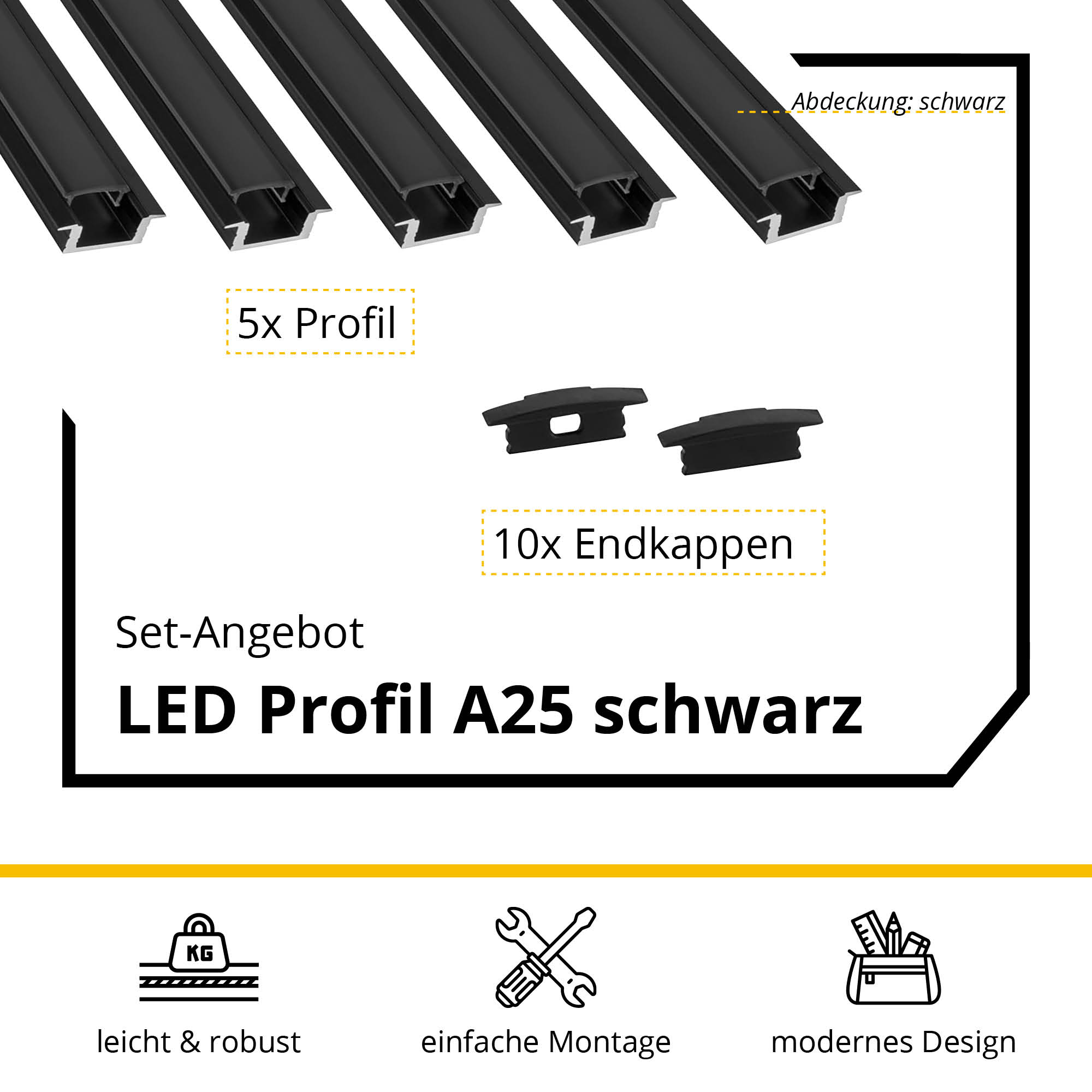 5x A25 LED Profil 2m - Schwarz inkl. Abdeckung schwarz & Endkappen