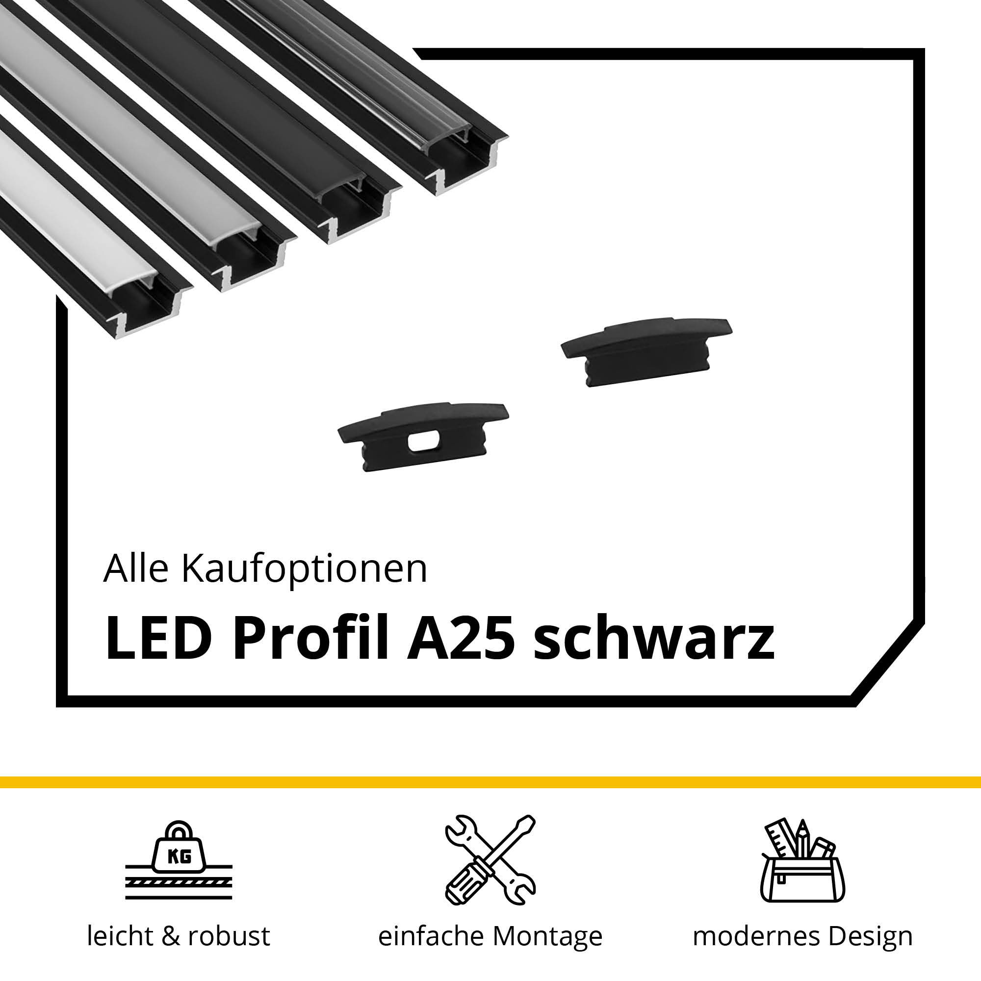 A25 LED Aluprofil Einbauprofil Schwarz 2m Abdeckung milky