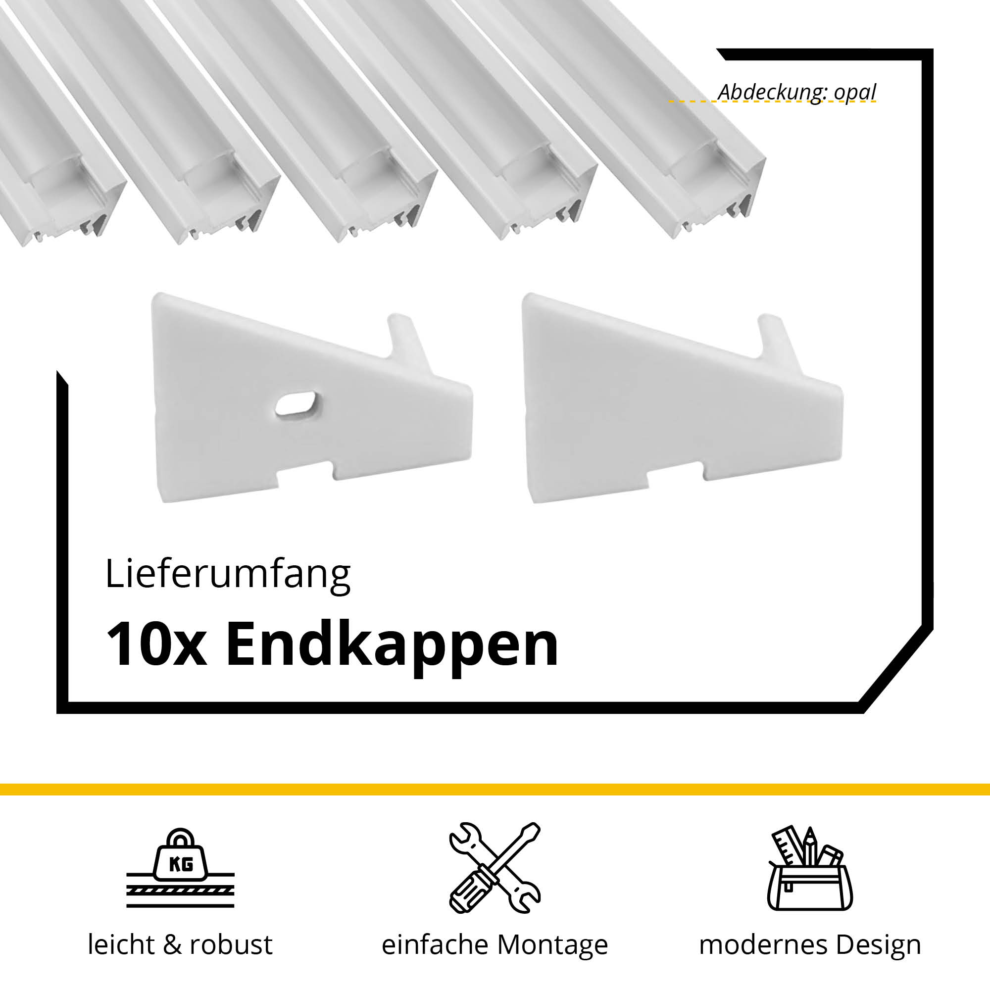 5x A20 LED Profil 2m - Weiss inkl. Abdeckung opal, Halter & Endkappen
