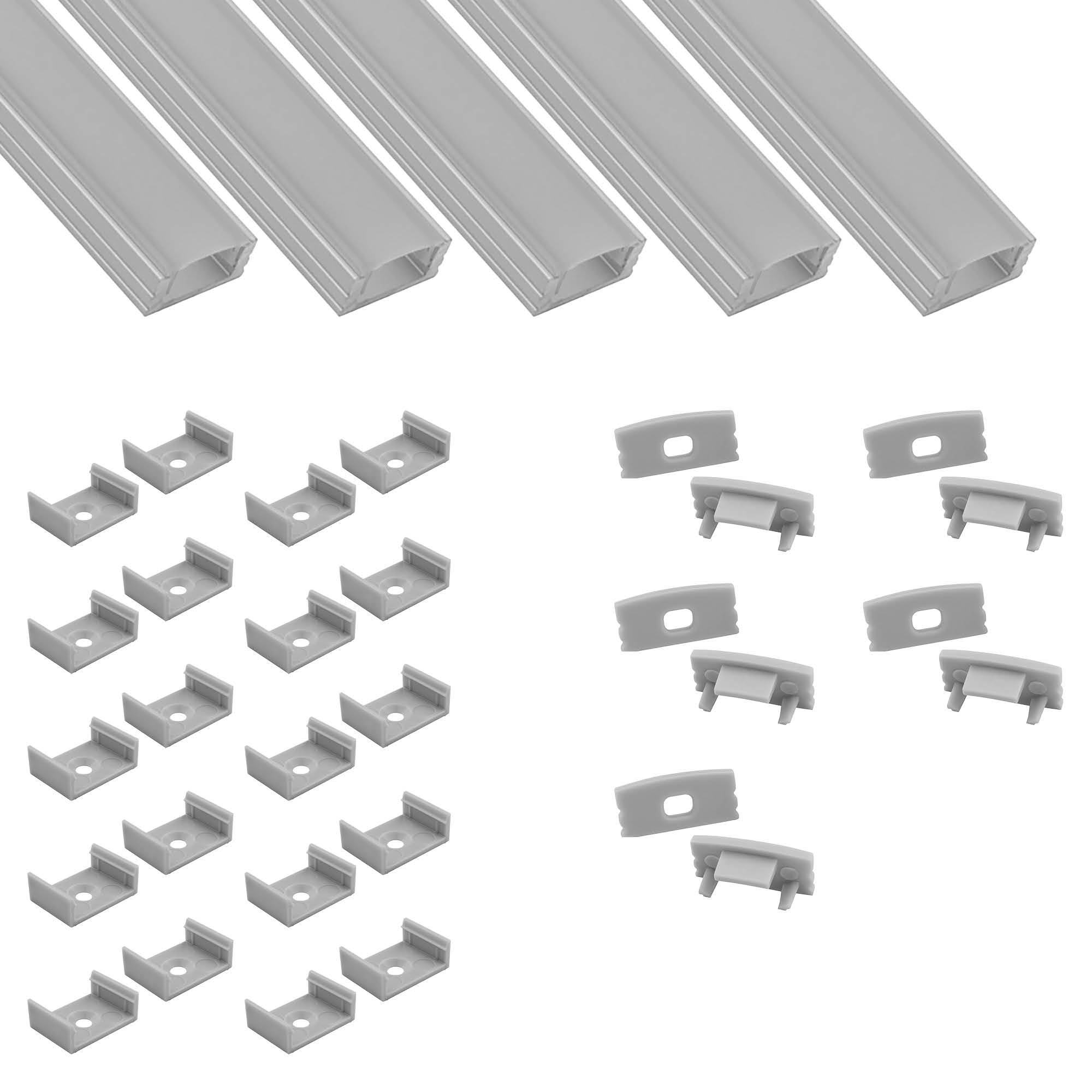 5x A17 LED Profil 2m - Silber inkl. Abdeckung opal, Halter & Endkappen