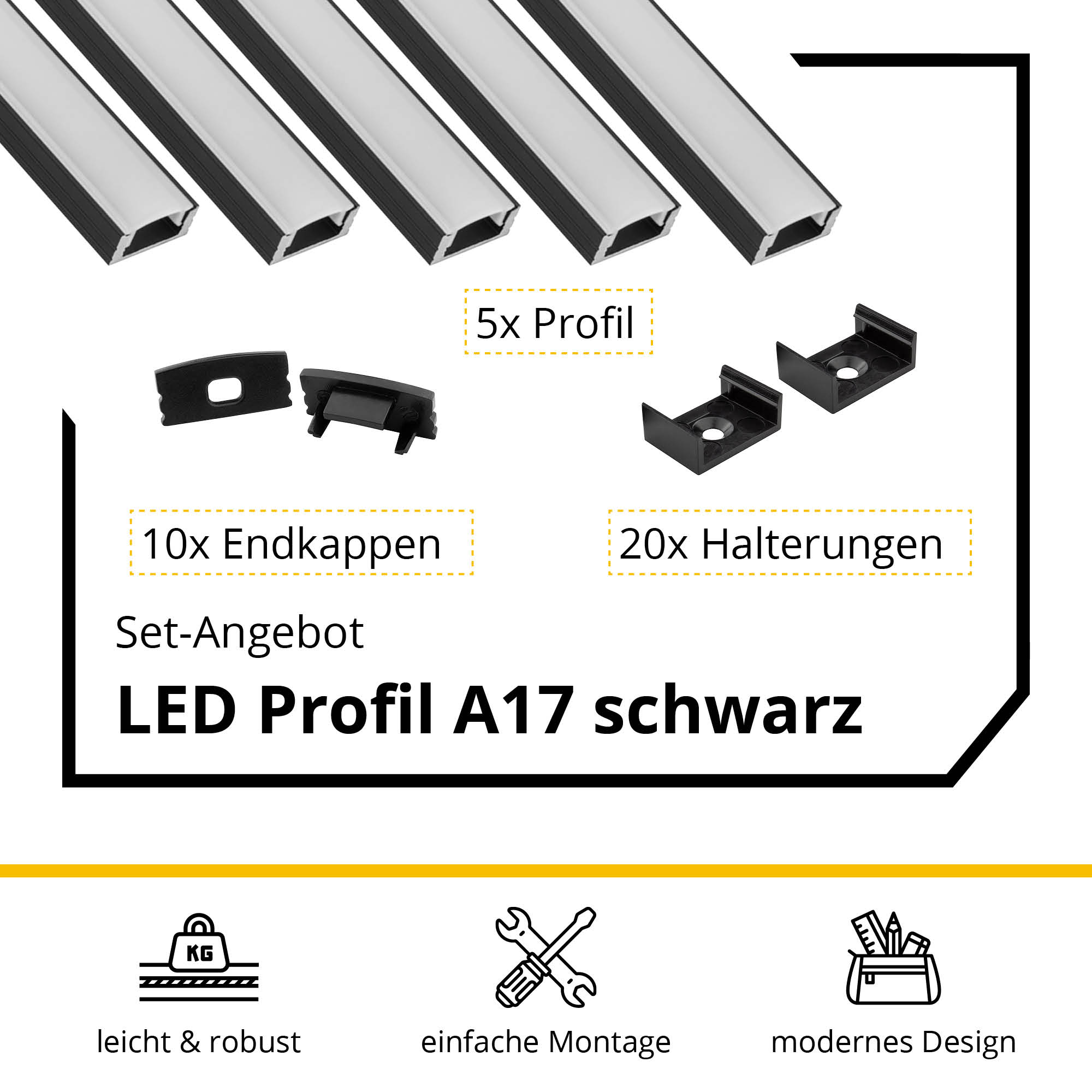 5x A17 LED Profil 2m - Schwarz inkl. Abdeckung milky, Halter & Endkappen