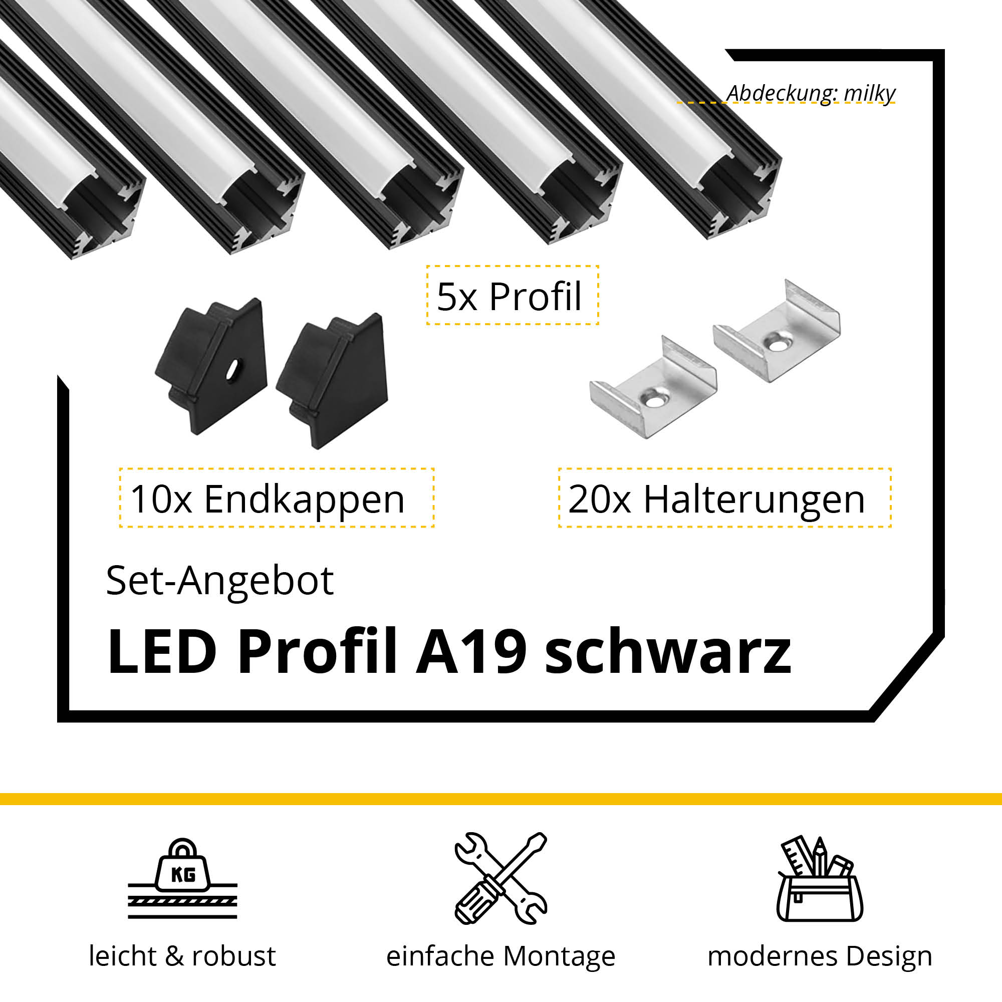 5x A19 LED Profil 2m - Schwarz inkl. Abdeckung, Halter & Endkappen 5x A19 LED Profil 2m - Schwarz inkl. Abdeckung milky, Halter & Endkappen