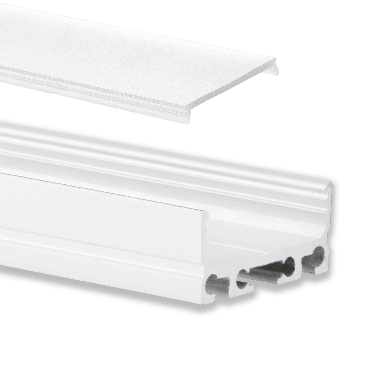 GX-PN4 LED AUFBAU-Profil 200 cm, flach, LED Stripes max. 24mm, weiß RAL 9010 2m Abdeckung opal GX-PN4 LED AUFBAU-Profil 200 cm, flach, LED Stripes max. 24mm, weiß RAL 9010 2m Abdeckung opal