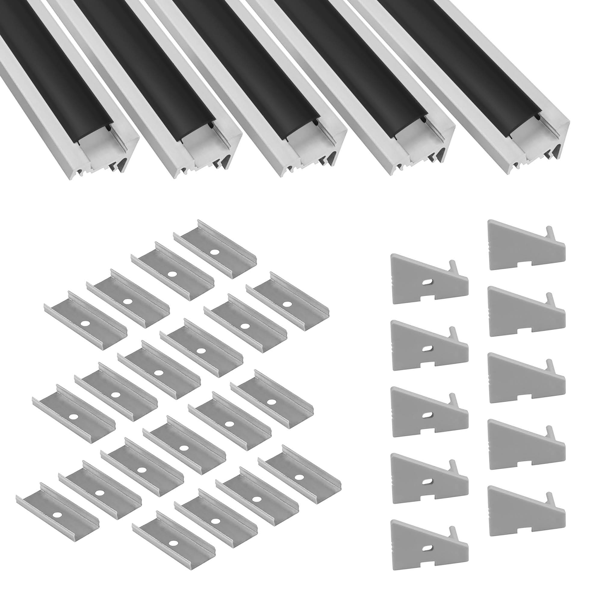 5x A20 LED Profil 2m - Silber inkl. Abdeckung schwarz, Halter & Endkappen