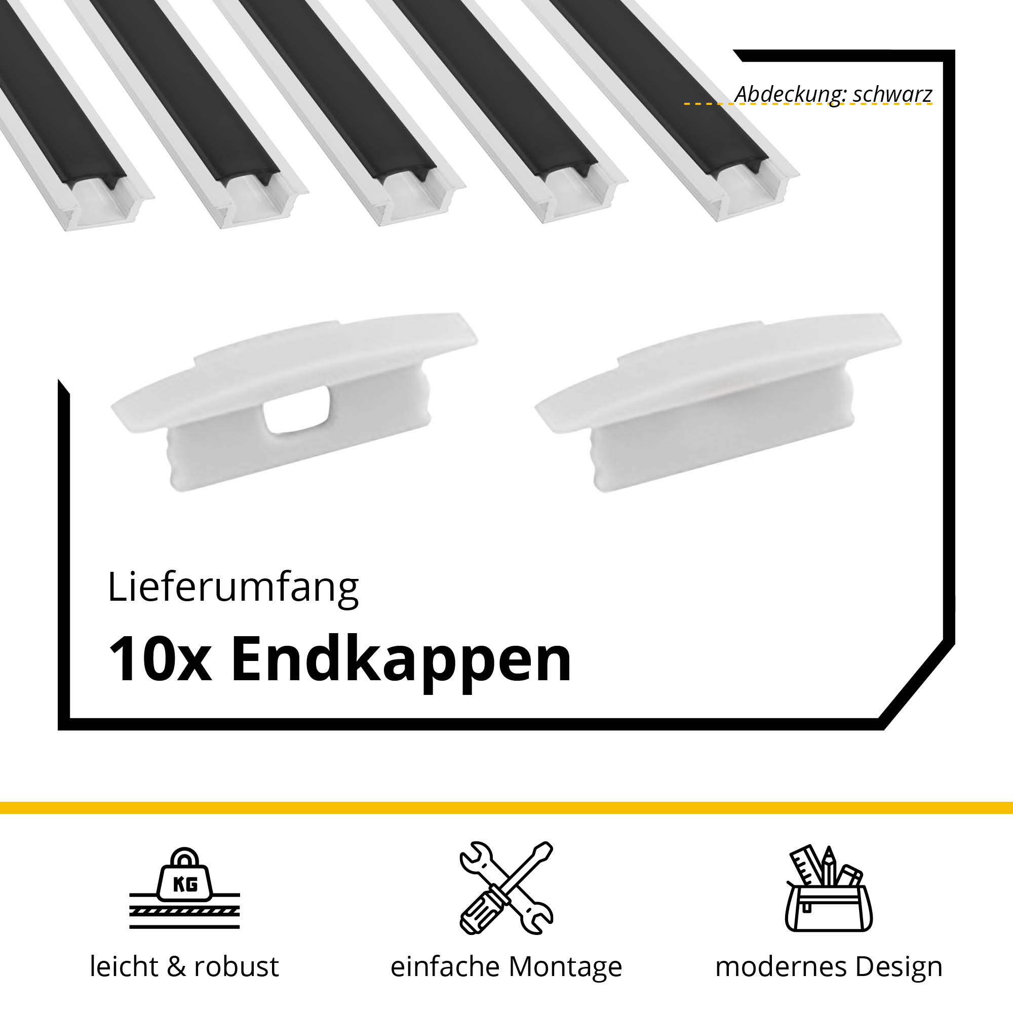 5x A25 LED Profil 2m - Weiss inkl. Abdeckung schwarz & Endkappen