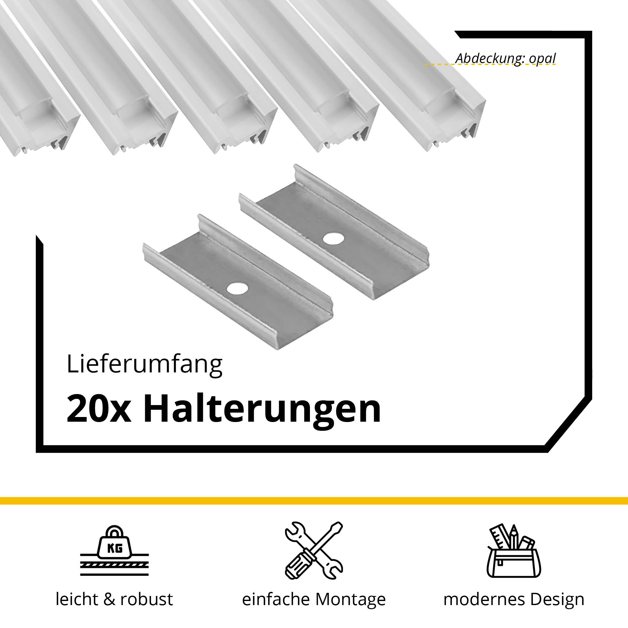 5x A20 LED Profil 2m - Weiss inkl. Abdeckung opal, Halter & Endkappen