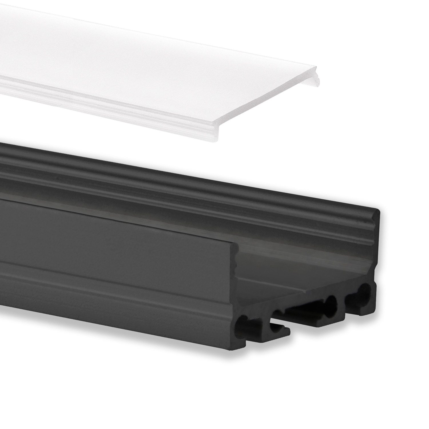 GX-PN4 LED AUFBAU-Profil 200 cm, flach, LED Stripes max. 24mm, schwarz RAL 9005 2m Abdeckung opal GX-PN4 LED AUFBAU-Profil 200 cm, flach, LED Stripes max. 24mm, schwarz RAL 9005 2m Abdeckung opal
