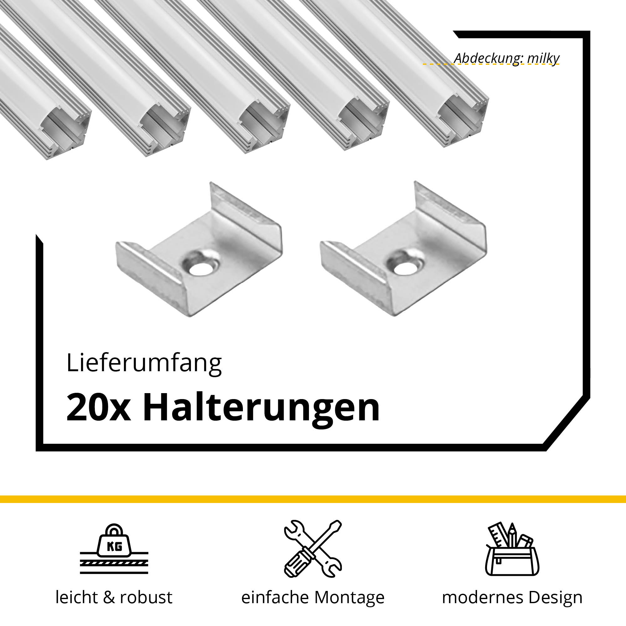 5x A19 LED Profil 2m - Silber inkl. Abdeckung milky, Halter & Endkappen