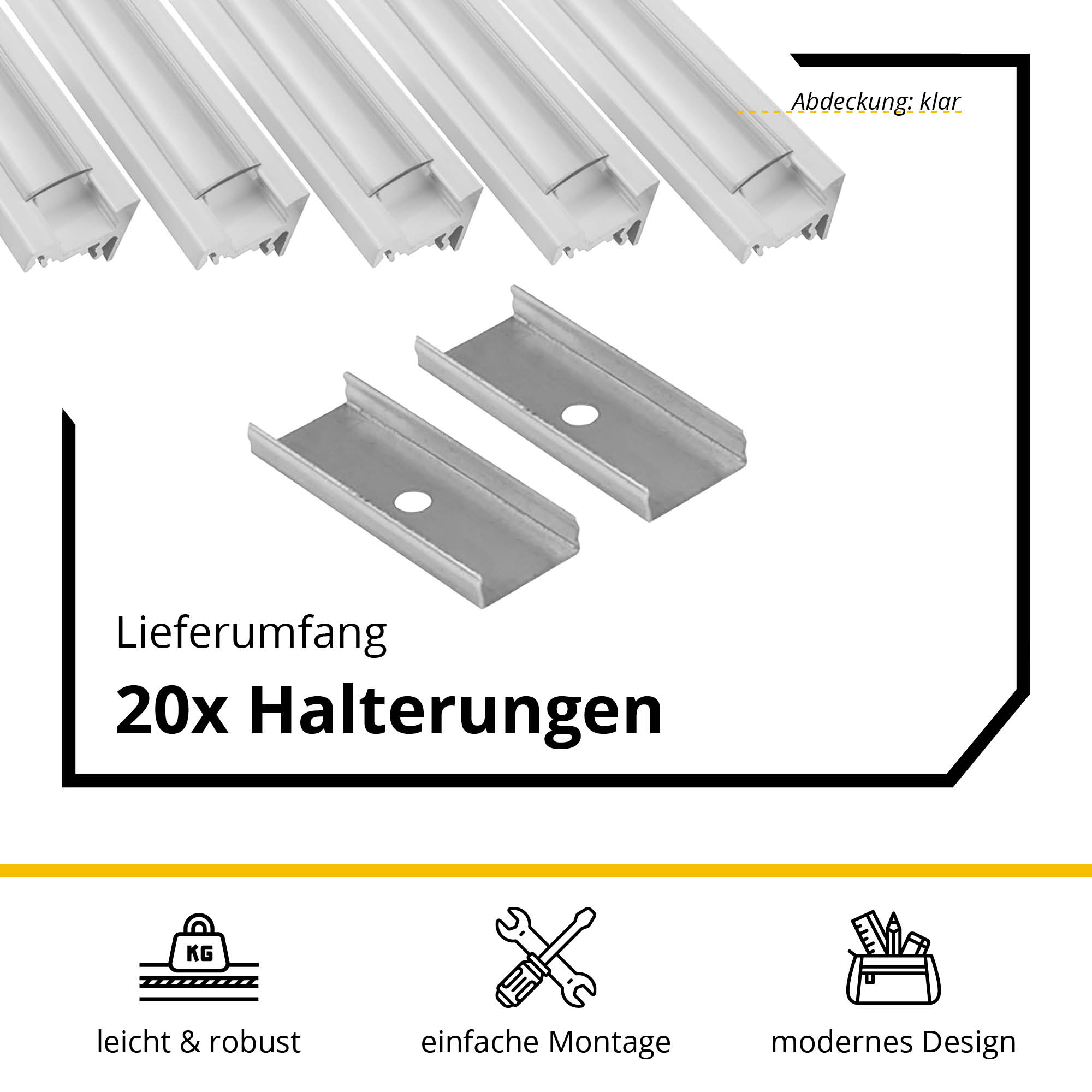 5x A20 LED Profil 2m - Weiss inkl. Abdeckung klar, Halter & Endkappen