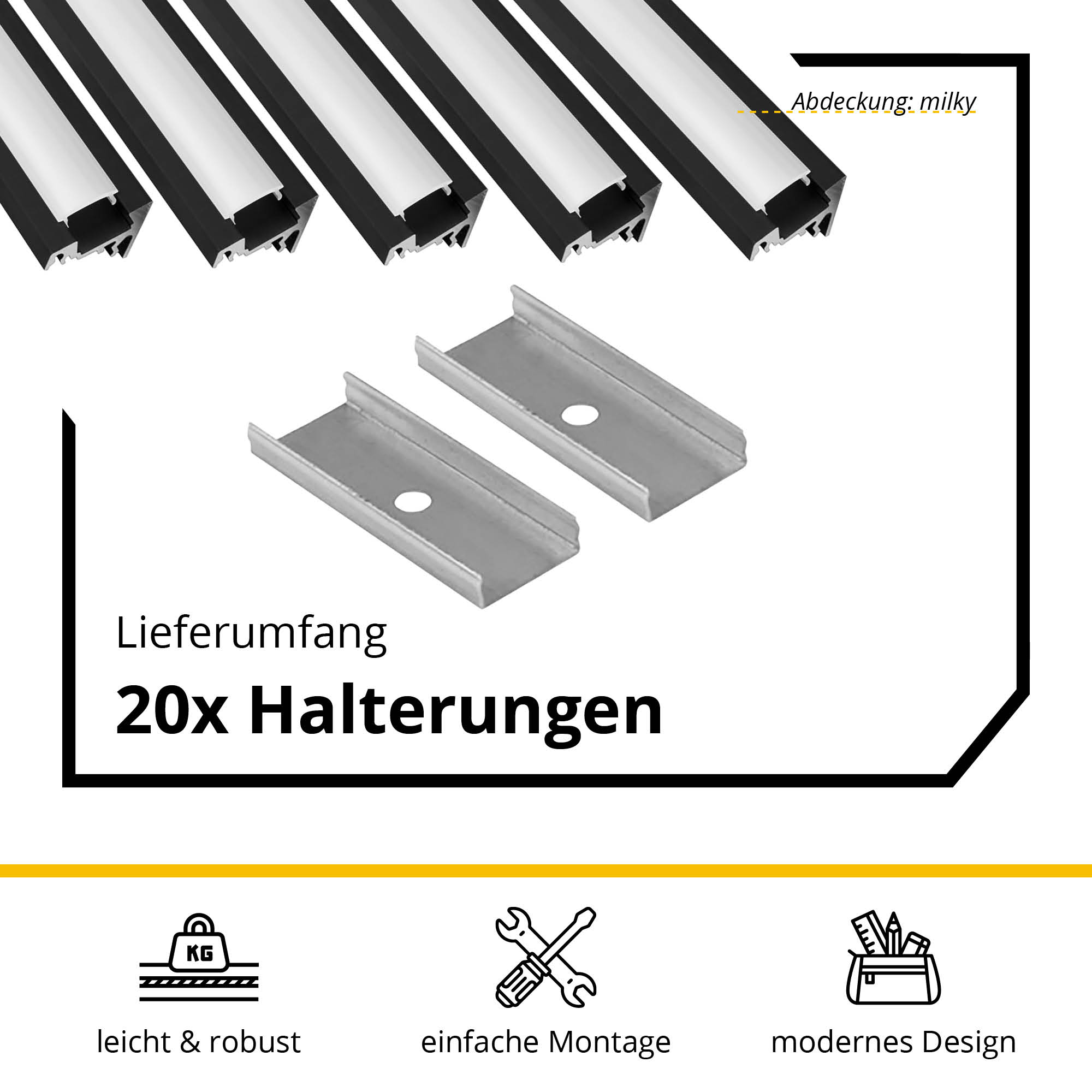 5x A20 LED Profil 2m - Schwarz inkl. Abdeckung milky, Halter & Endkappen 5x A20 LED Profil 2m - Schwarz inkl. Abdeckung milky, Halter & Endkappen