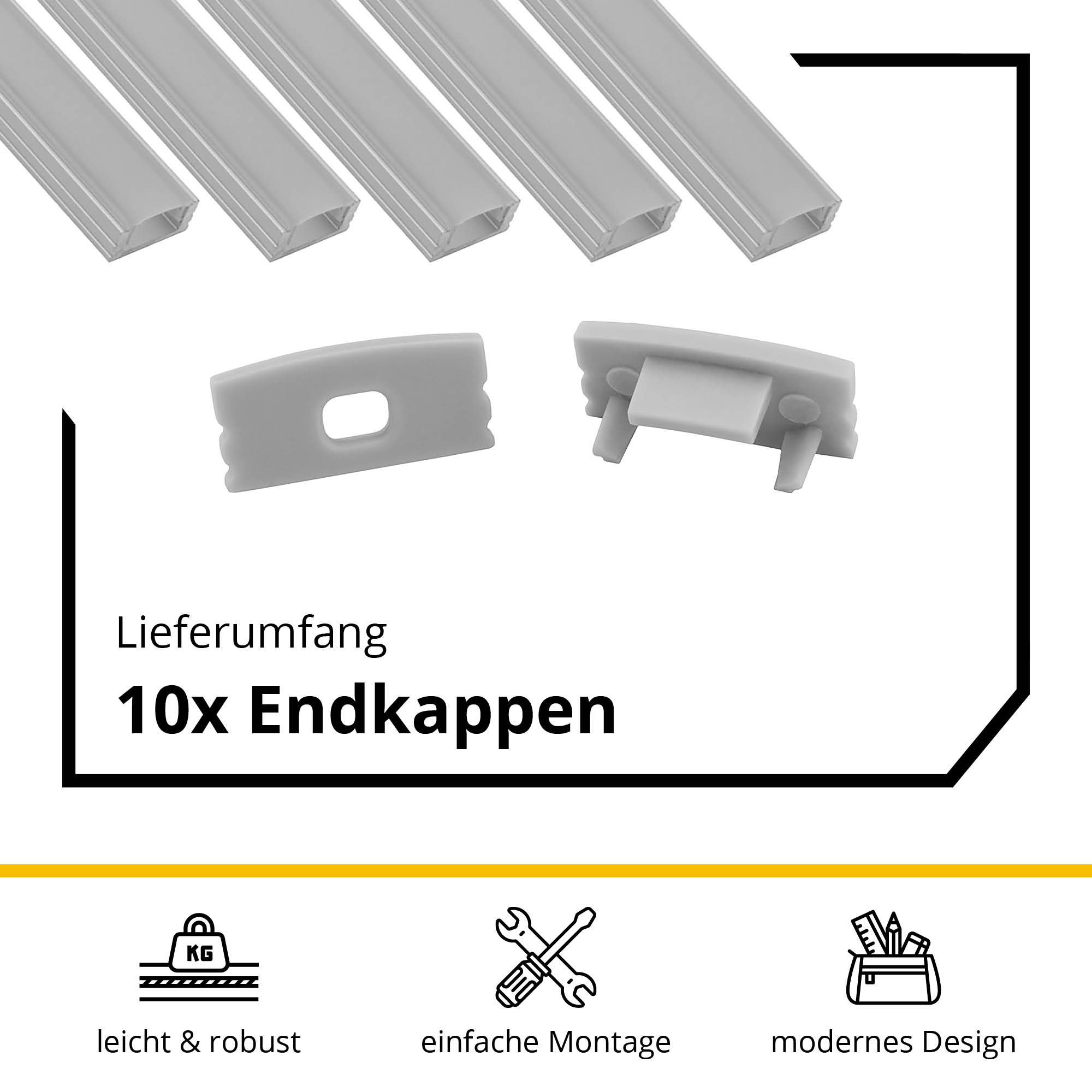 5x A17 LED Profil 2m - Silber inkl. Abdeckung opal, Halter & Endkappen