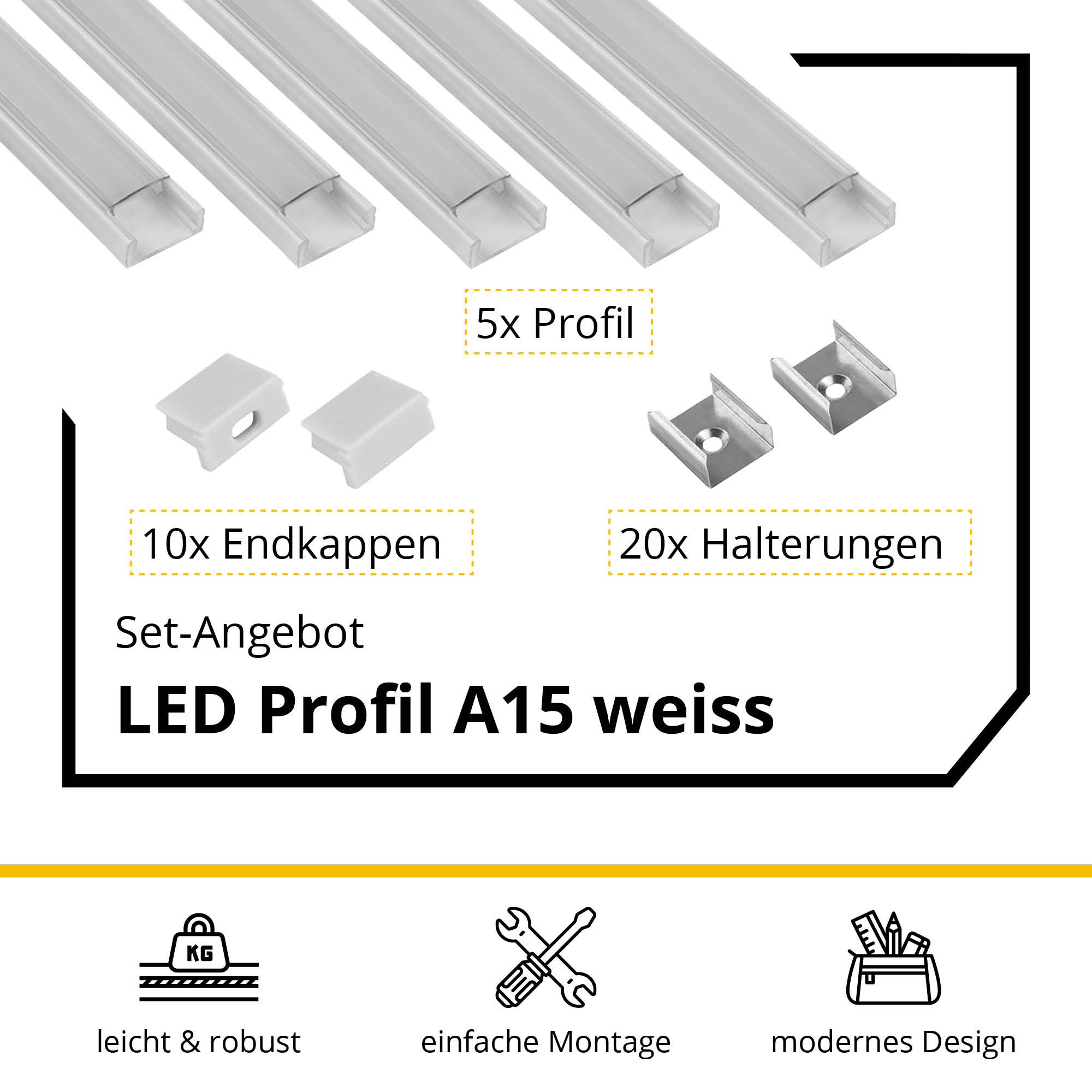 5x A15 LED Profil 2m - Weiss inkl. Abdeckung, Halter & Endkappen 5x A15 LED Profil 2m - Weiss inkl. Abdeckung klar, Halter & Endkappen
